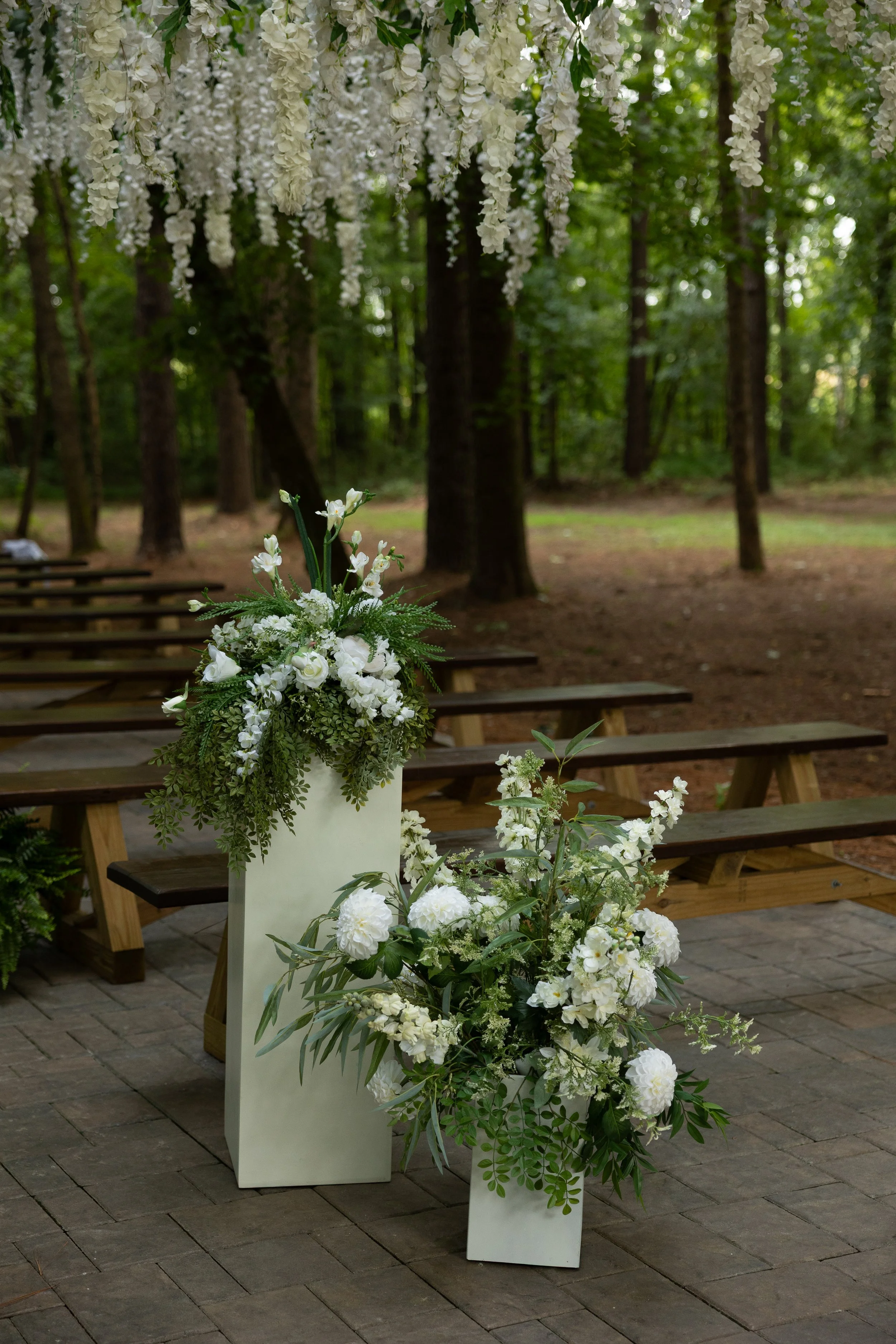 Thrills and Frills Arrangment (4) & White Boxed Floral Arrangement (2) (pillars additional fee)