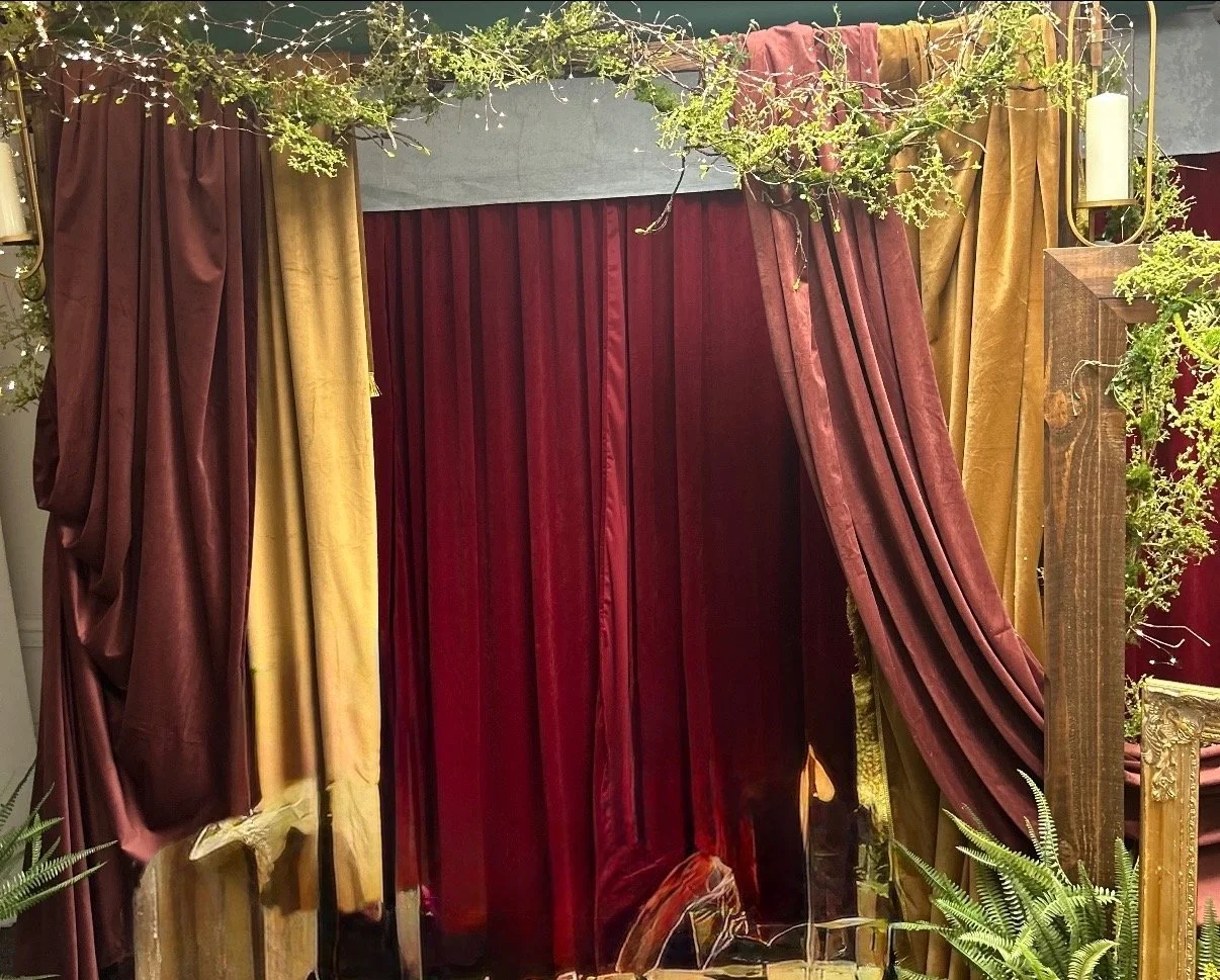 Wooden Arbor + Burgundy & Gold Draping Fabrics