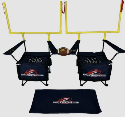 Football training equipment with two foldable chairs, a football, and two yellow yellow and red barriers