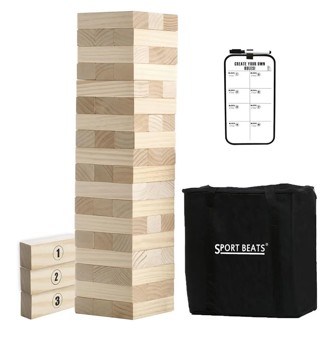 Giant Wooden Jenga - $10
Comes with 54 numbered blocks, carrying case, scoreboard & dry erase marker.