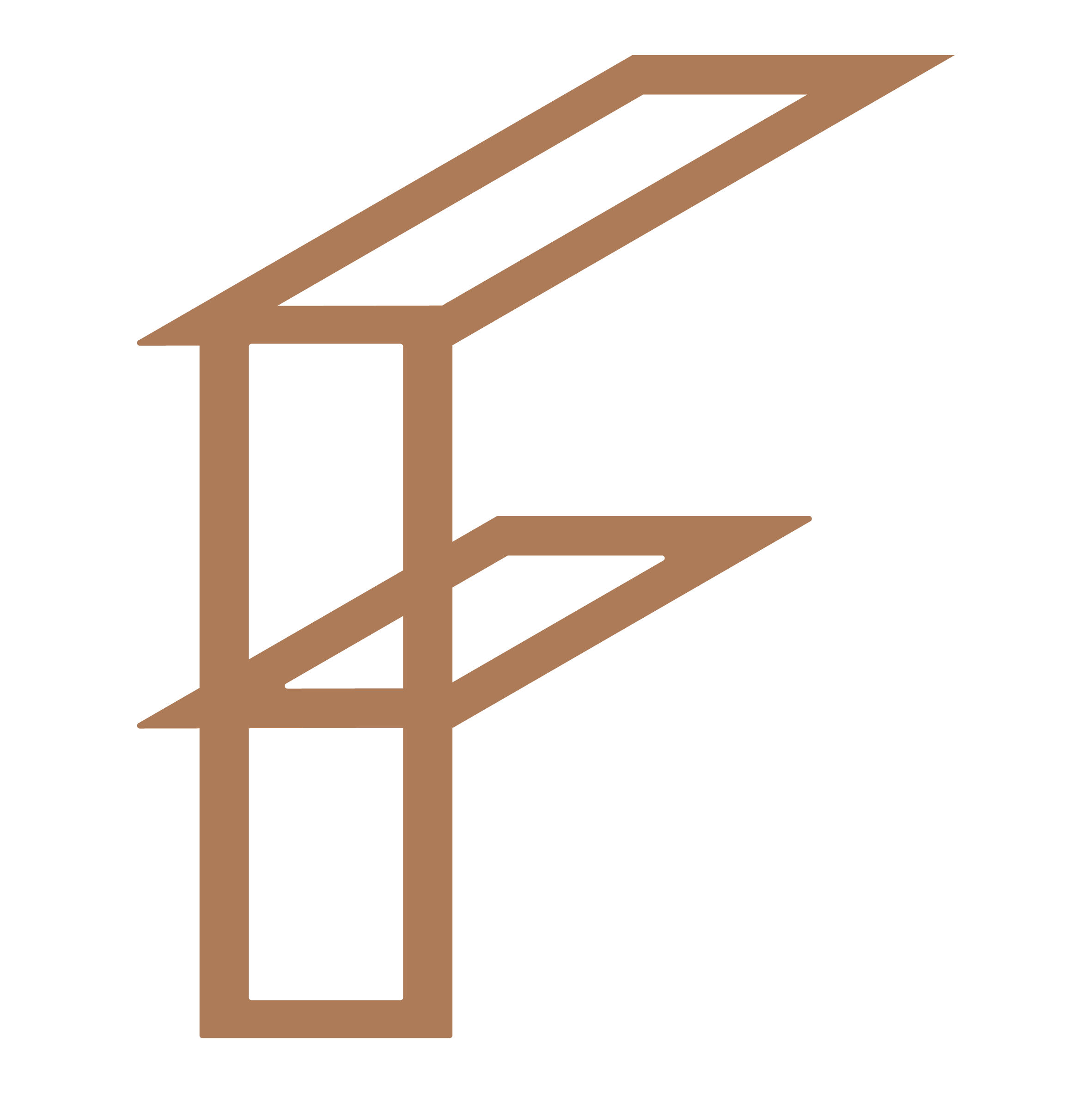 Dibujo de una estructura de estantería moderna en color marrón con tres niveles de estantes.