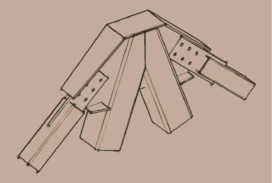 Dibujo técnico de una estructura de madera con varias plataformas y escaleras.