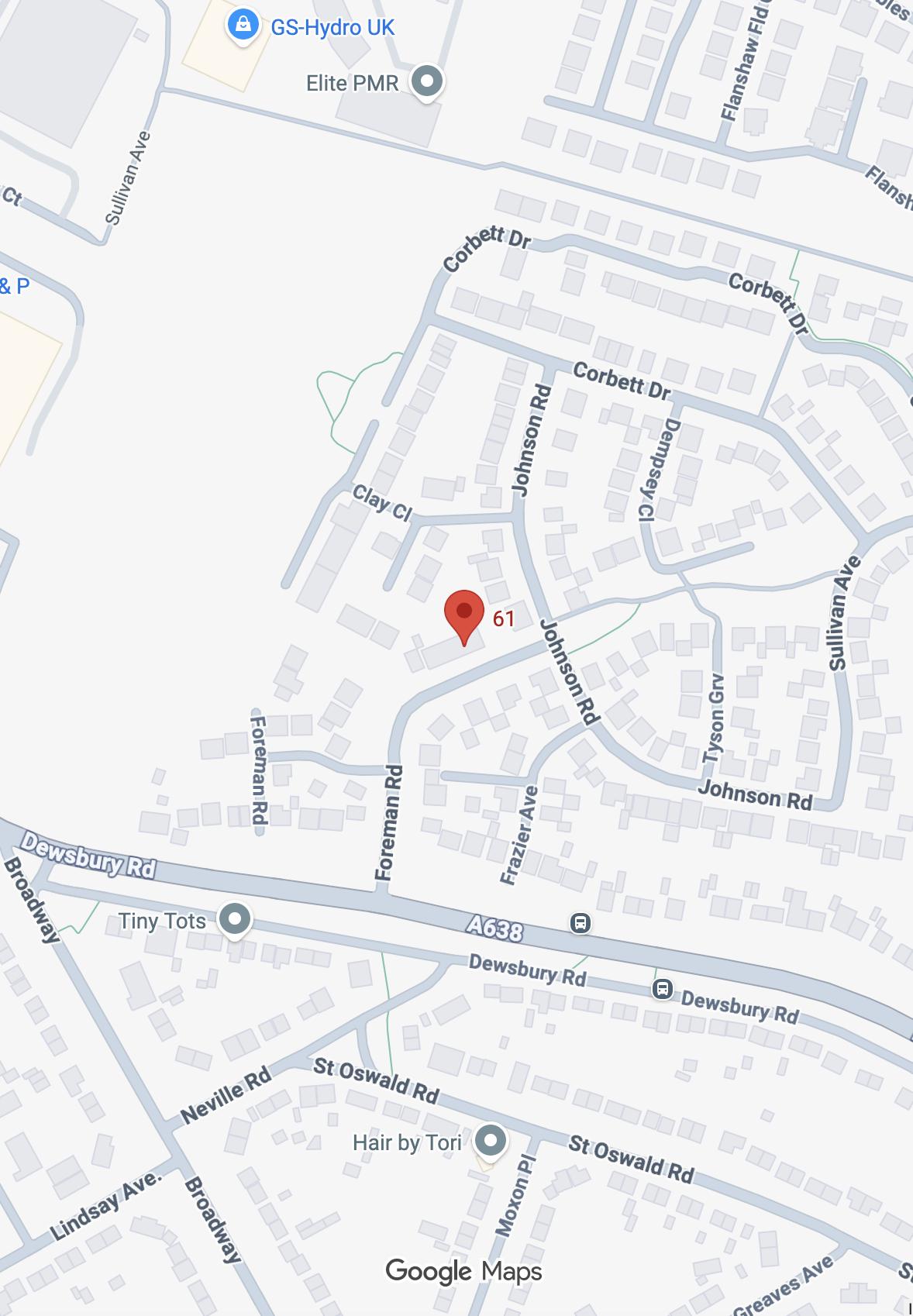 Digital map showing streets and landmarks in a neighborhood, including Dewsbury Road, Johnson Road, Corbett Drive, and nearby businesses such as GS Hydro UK and Tiny Tots.