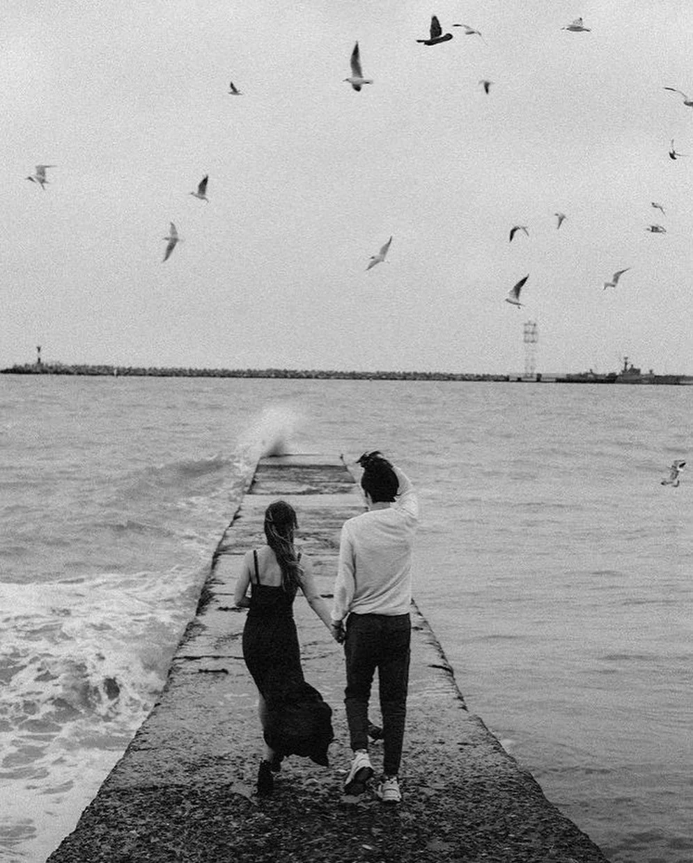 A black and white photo of a couple holding hands walking along a concrete pier into the water with seagulls flying overhead. In the background, a breakwater and lighthouse are visible.
