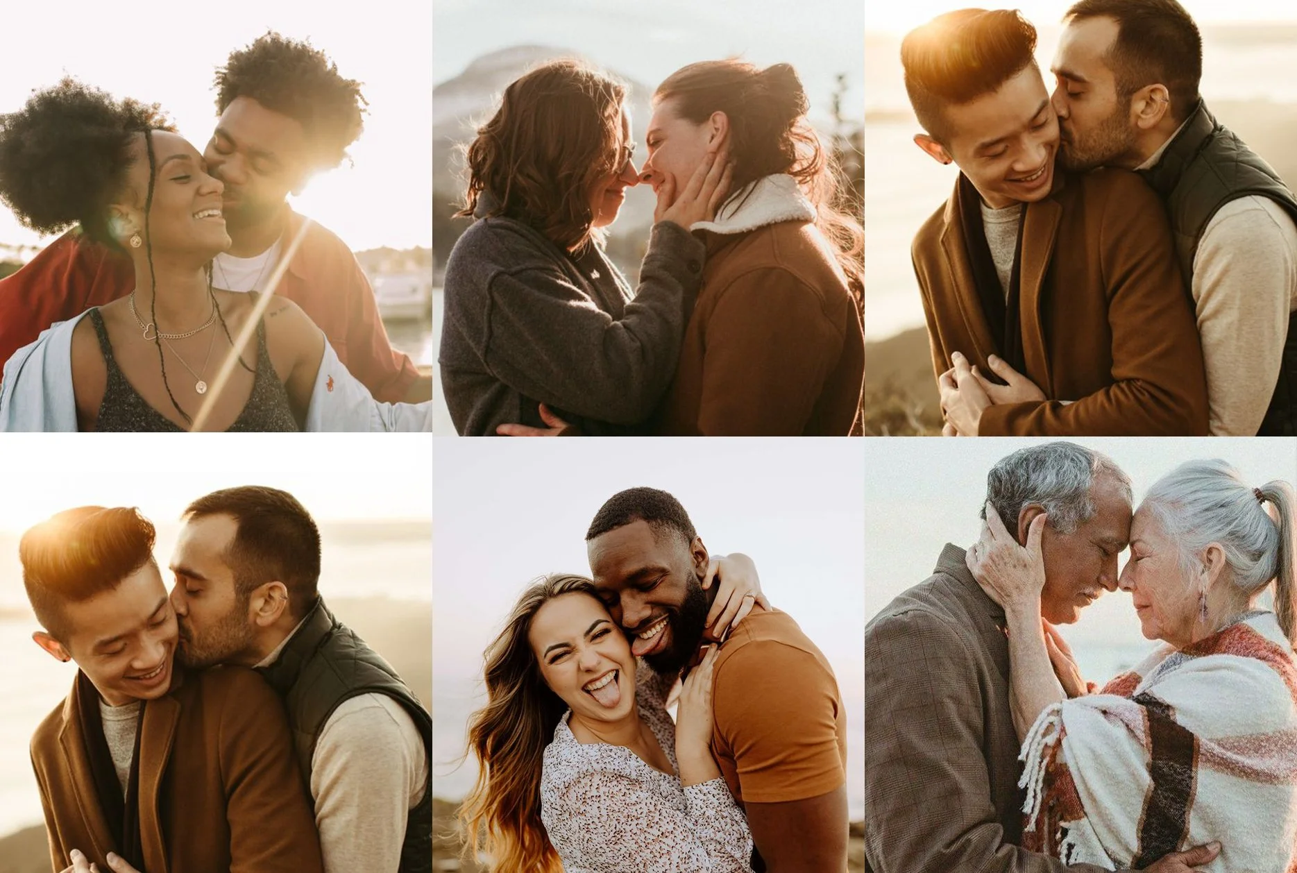 Collage of six photos of couples and family members sharing tender moments outdoors, embracing and smiling.