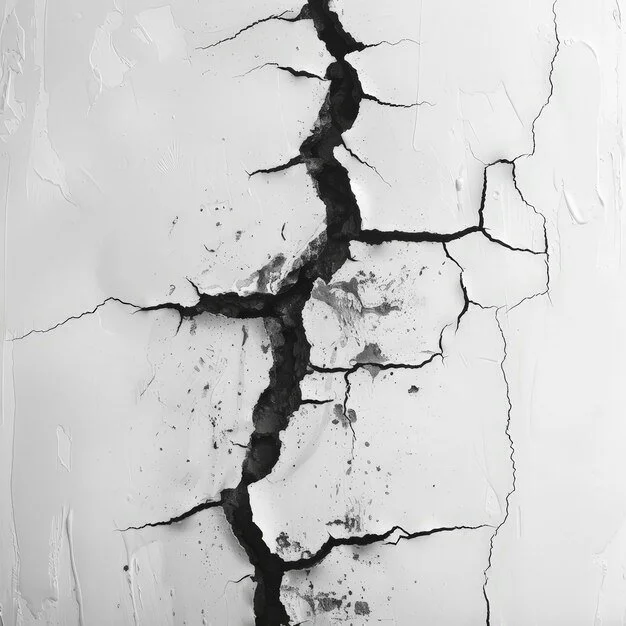 Close-up of a cracked and broken white wall with visible dark inner material.