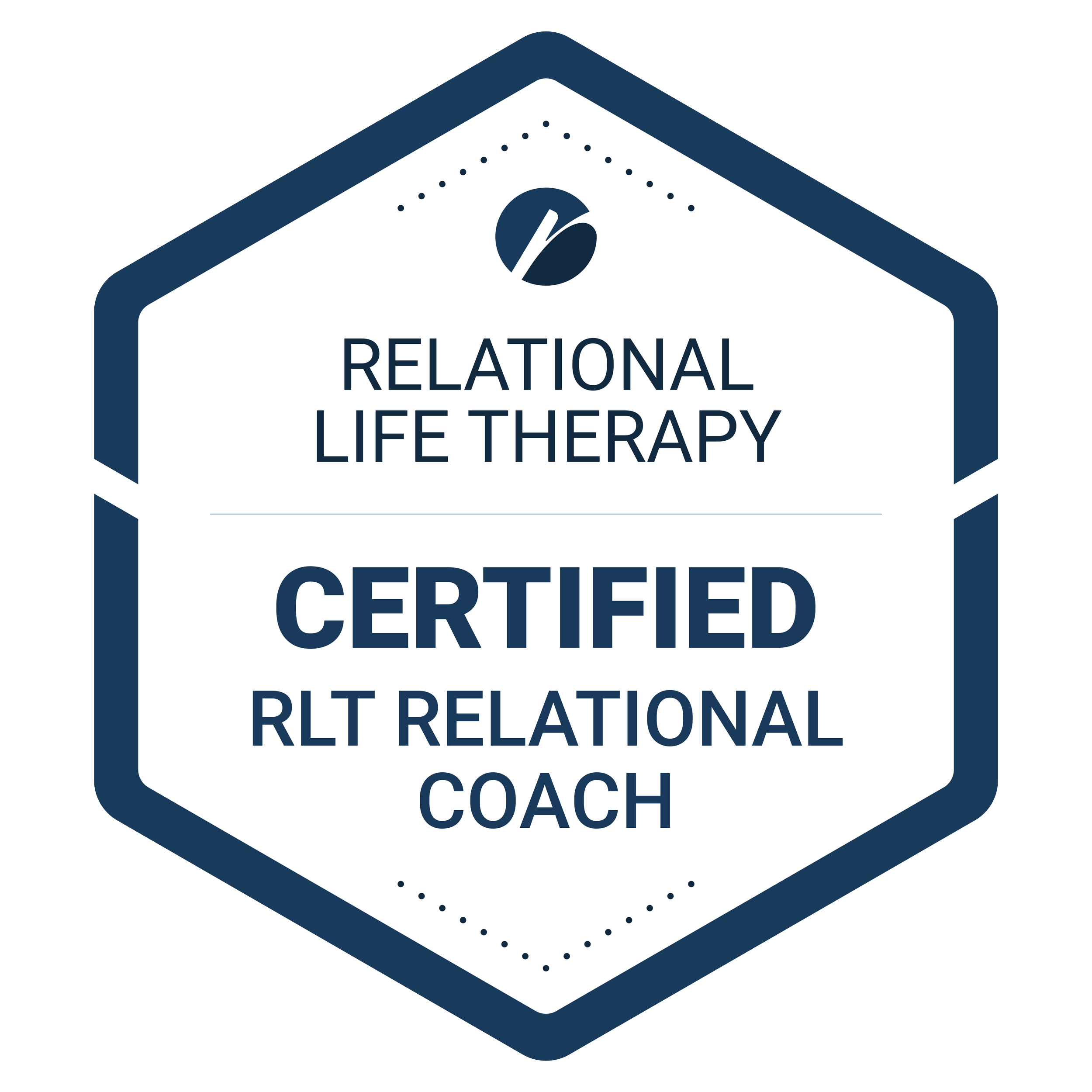 Certification badge for relational life therapy, indicating a certified RLT relational coach.