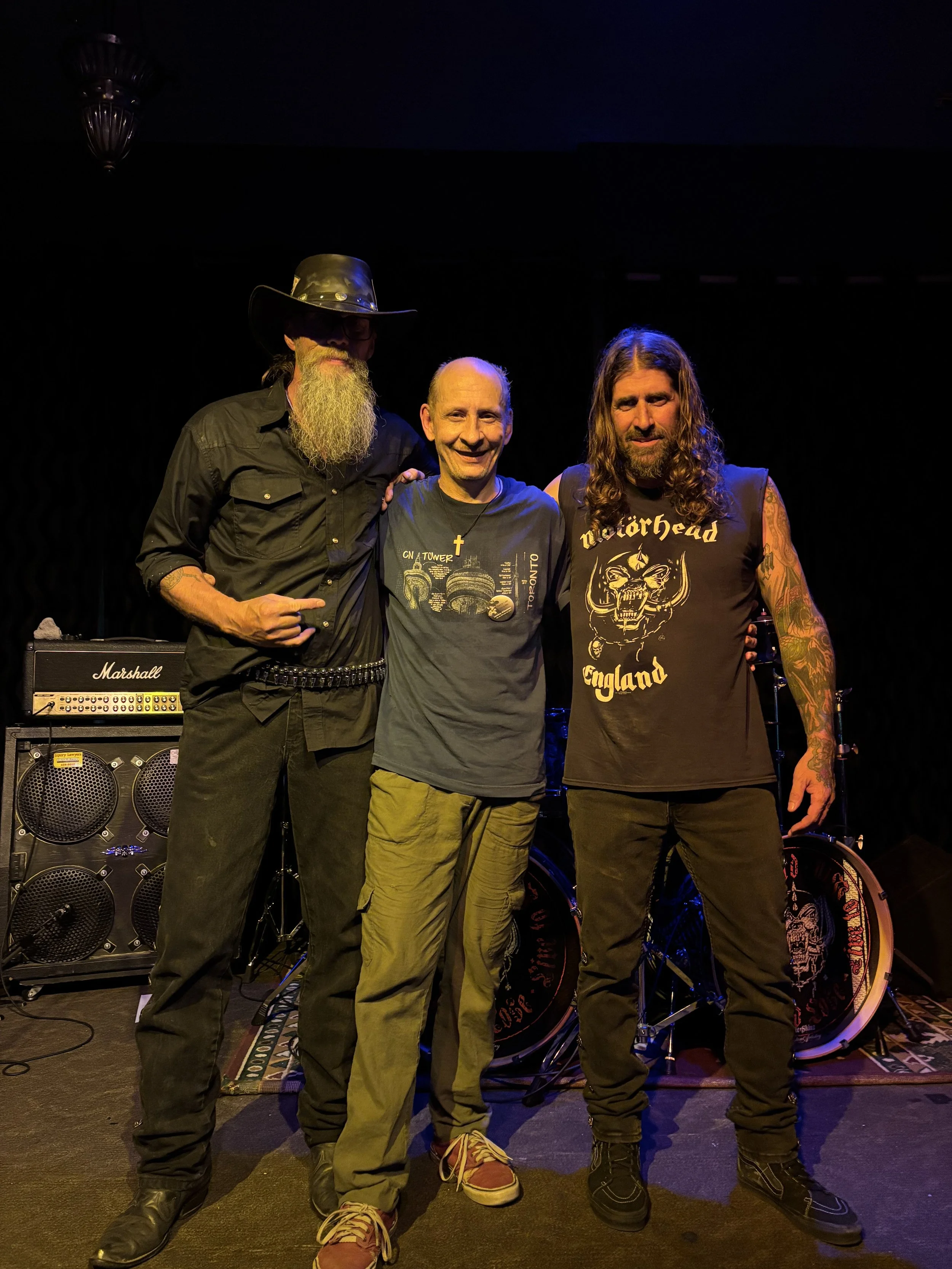 M1 Motörhead Tribute band members posing backstage before live rock show in Calgary
