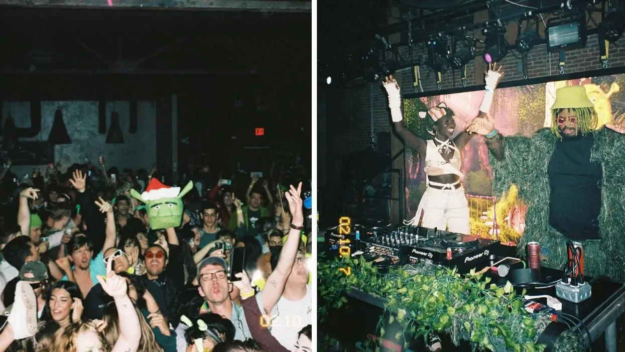 Crowd at a party or concert with one person holding a Shrek mask and another DJ performing on stage with two people dancing.