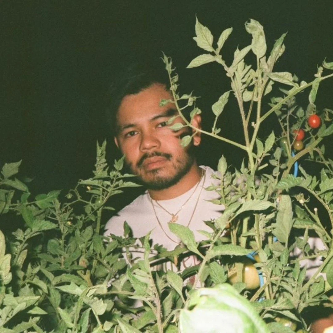A man poses behind a tomato plant with green and ripening red tomatoes, dark background, wearing necklaces and a white shirt.