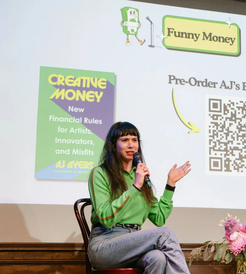 AJ Ayers speaking at Funny Money, Caveat NYC