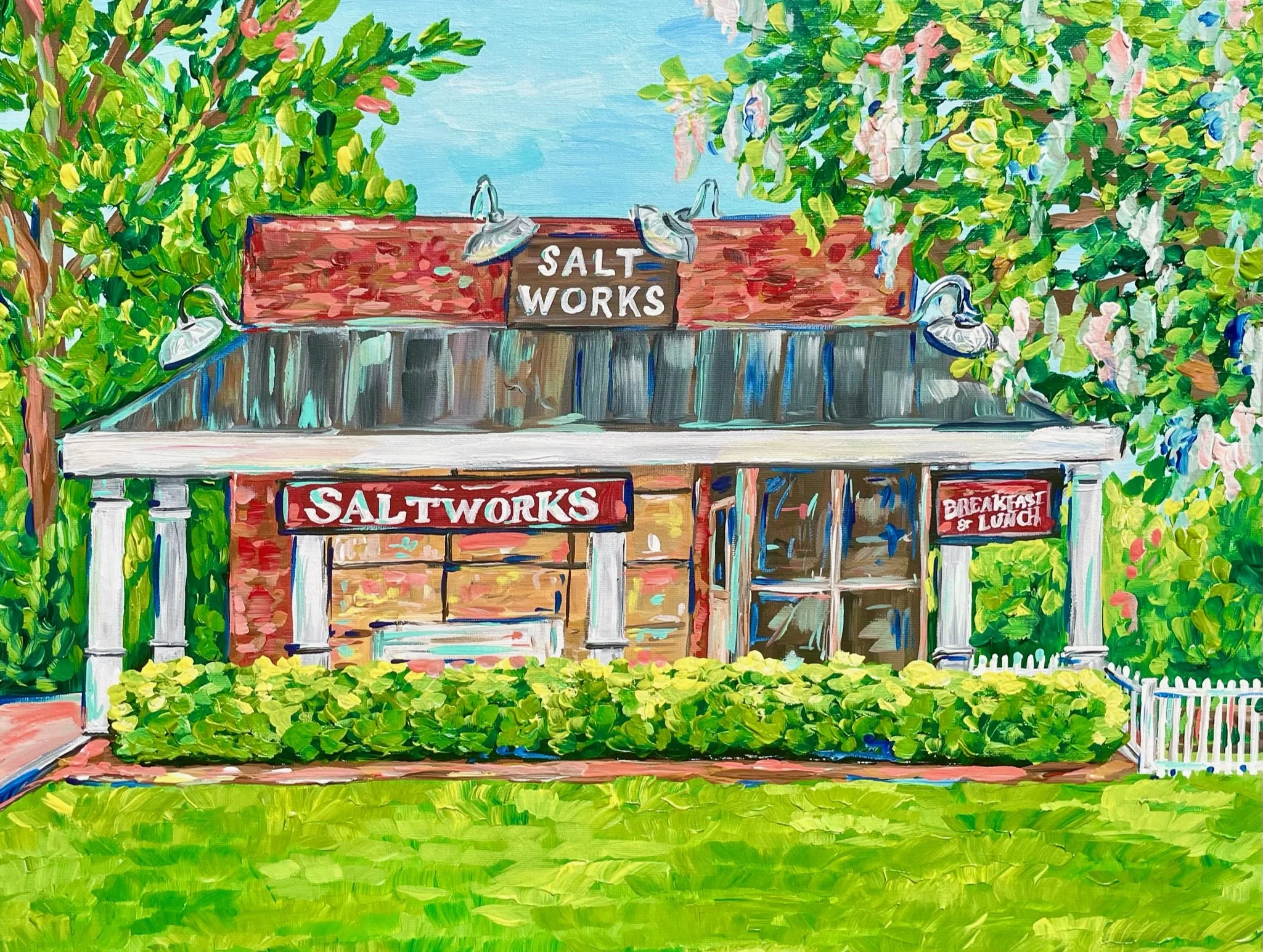Colorful illustration of a small building with signs that read 'Salt Works', surrounded by greenery and a manicured lawn.