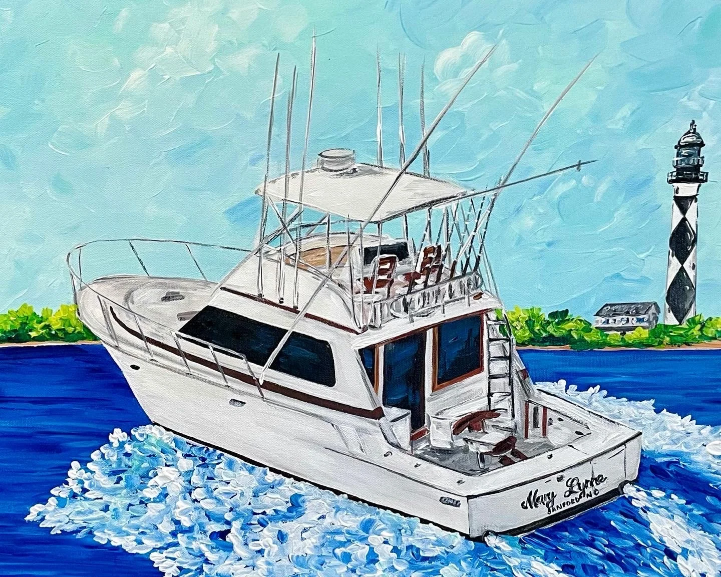 Painting of a white yacht named Mary Luette sailing on blue water with a lighthouse, house, and green shrubbery in the background under a partly cloudy sky.