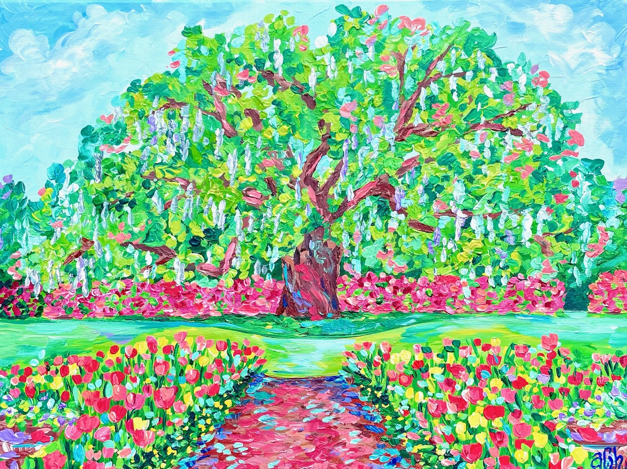 A vibrant oil painting of a lush garden scene featuring a large blooming tree with green leaves and pink blossoms, surrounded by colorful flowering bushes and a pathway leading to the tree.