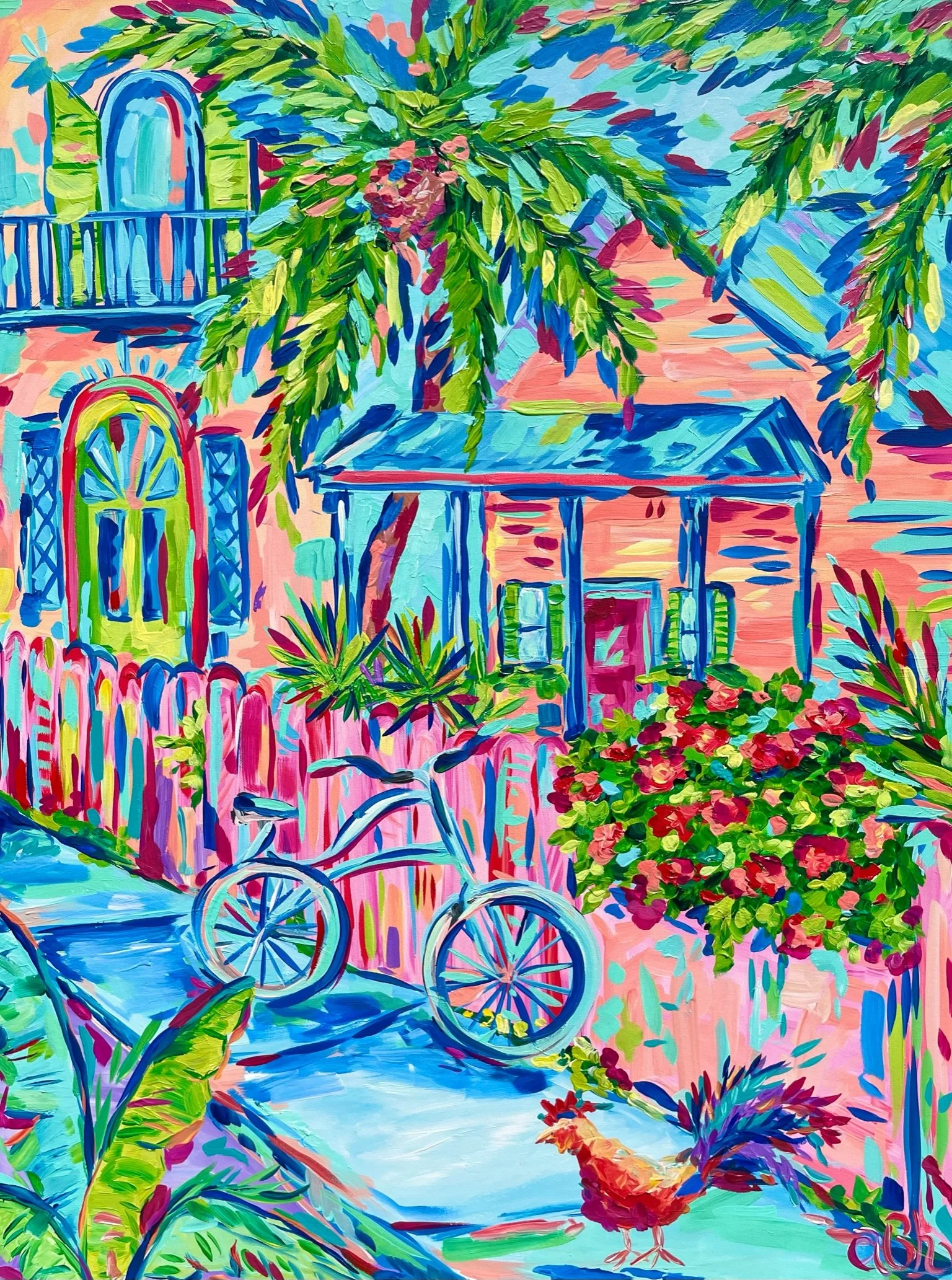 Vibrant colorful painting of a house with a pink exterior, a blue roof, and lush tropical greenery including a large palm tree. A white bicycle leans against a pink fence in front of the house, and there are blooming red flowers and a chicken in the 
