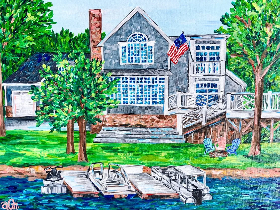 A colorful acrylic painting of a house by a lake with two boats docked at the pier, surrounded by trees, with Adirondack chairs and a fire pit on the lawn.