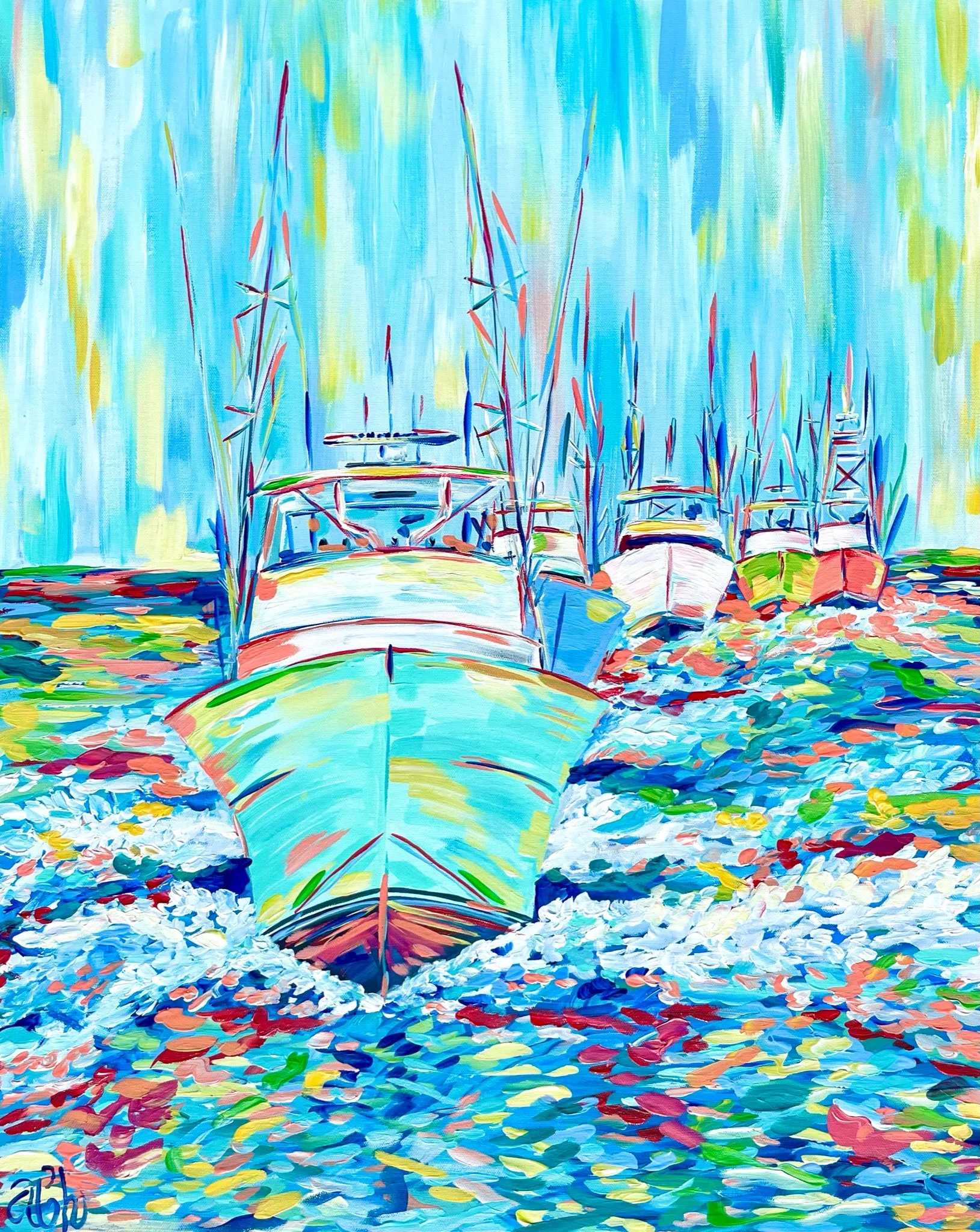 Colorful abstract painting of boats docked in a harbor, with vibrant blue, green, red, and yellow hues.