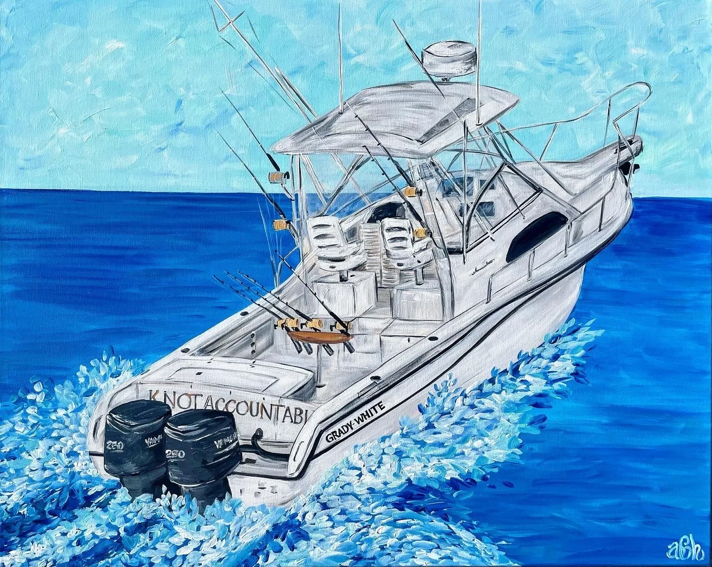 Painting of a white fishing boat named 'GRADY WHITE' with two outboard motors, moving through blue water with a wake behind it, under a partly cloudy sky.