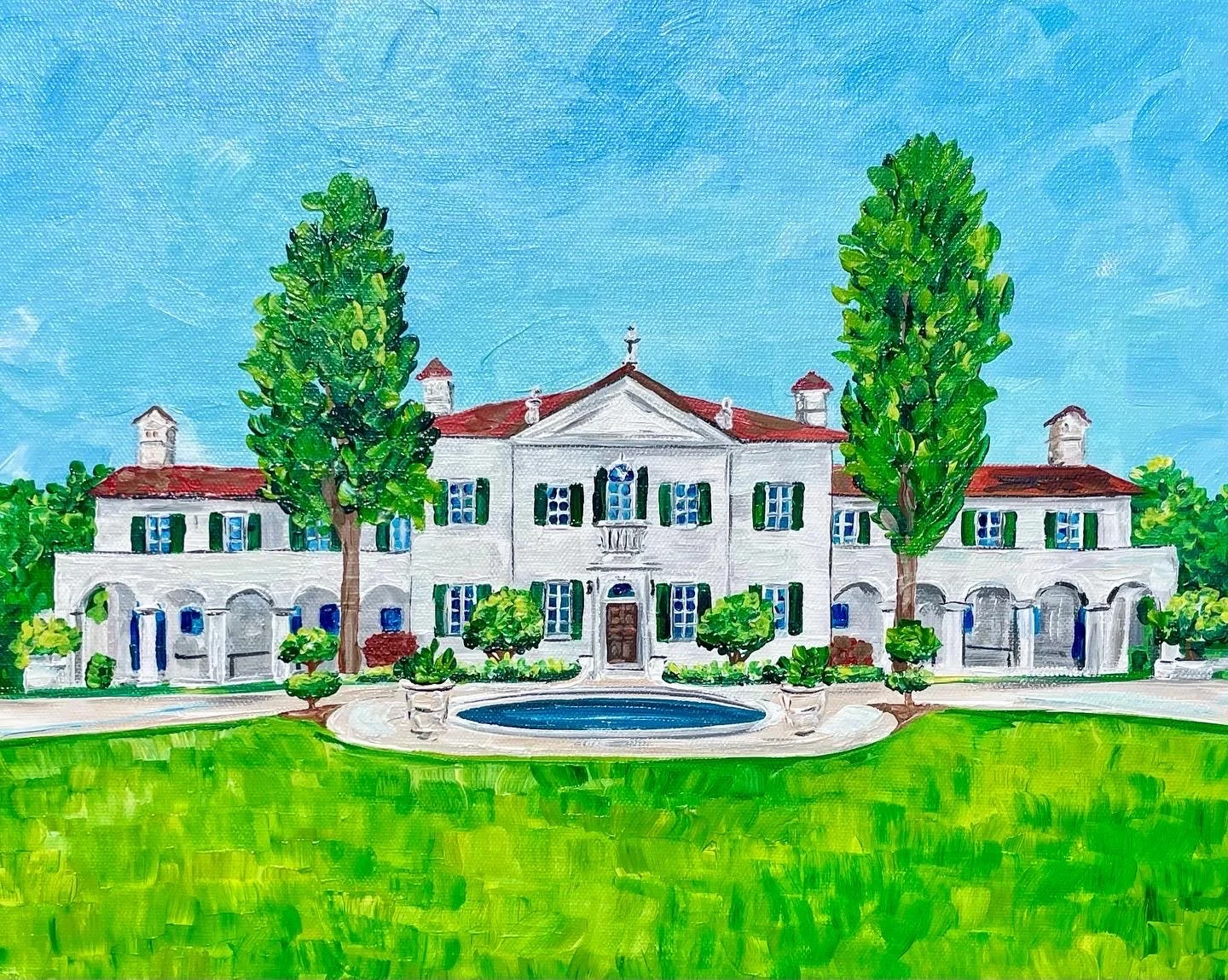 Painting of a large white mansion with green shutters, surrounded by green trees and a lush lawn, with a fountain in front and a clear blue sky.