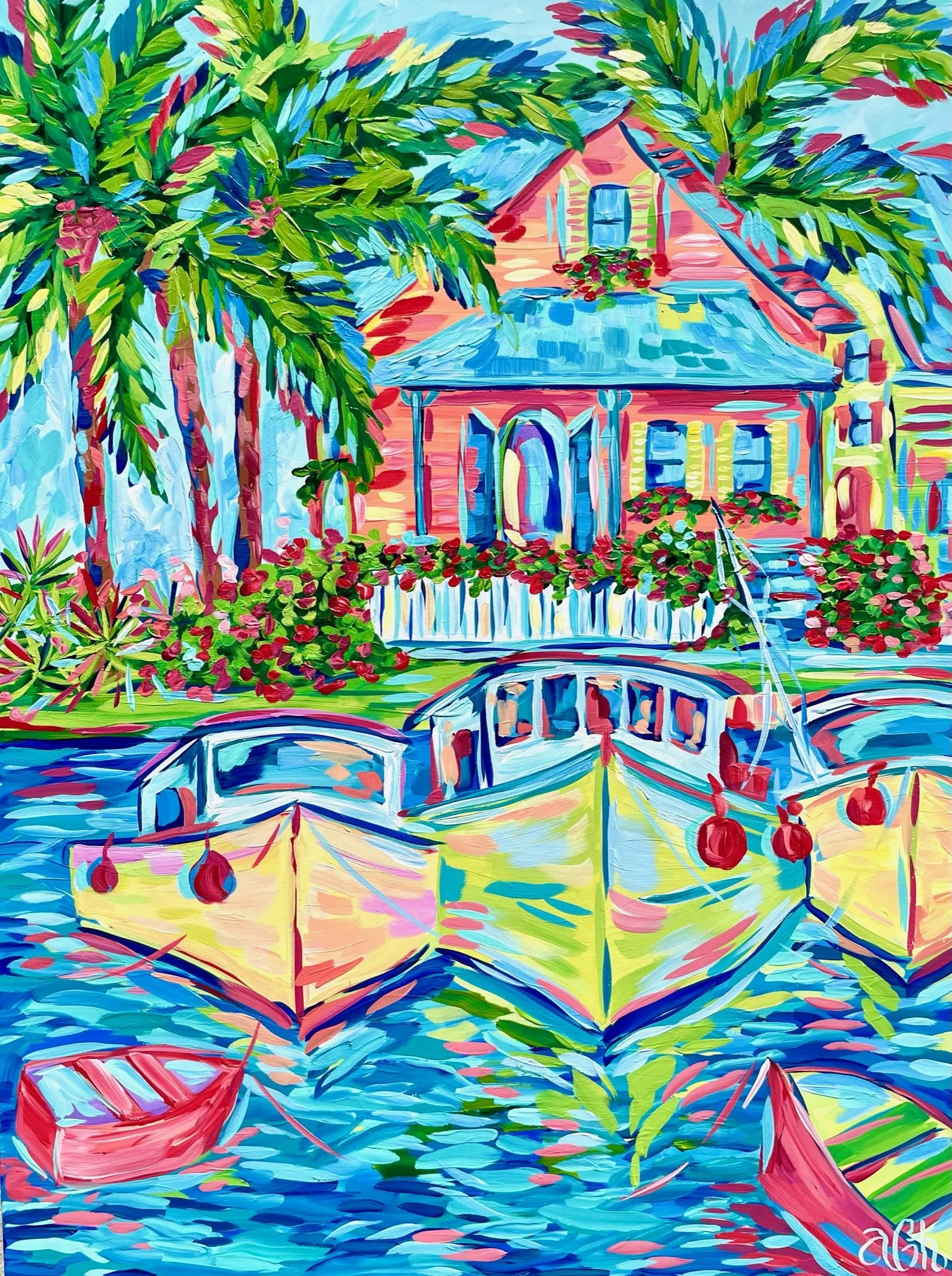 Colorful painting of a house surrounded by trees and flowers with boats in the water in front.