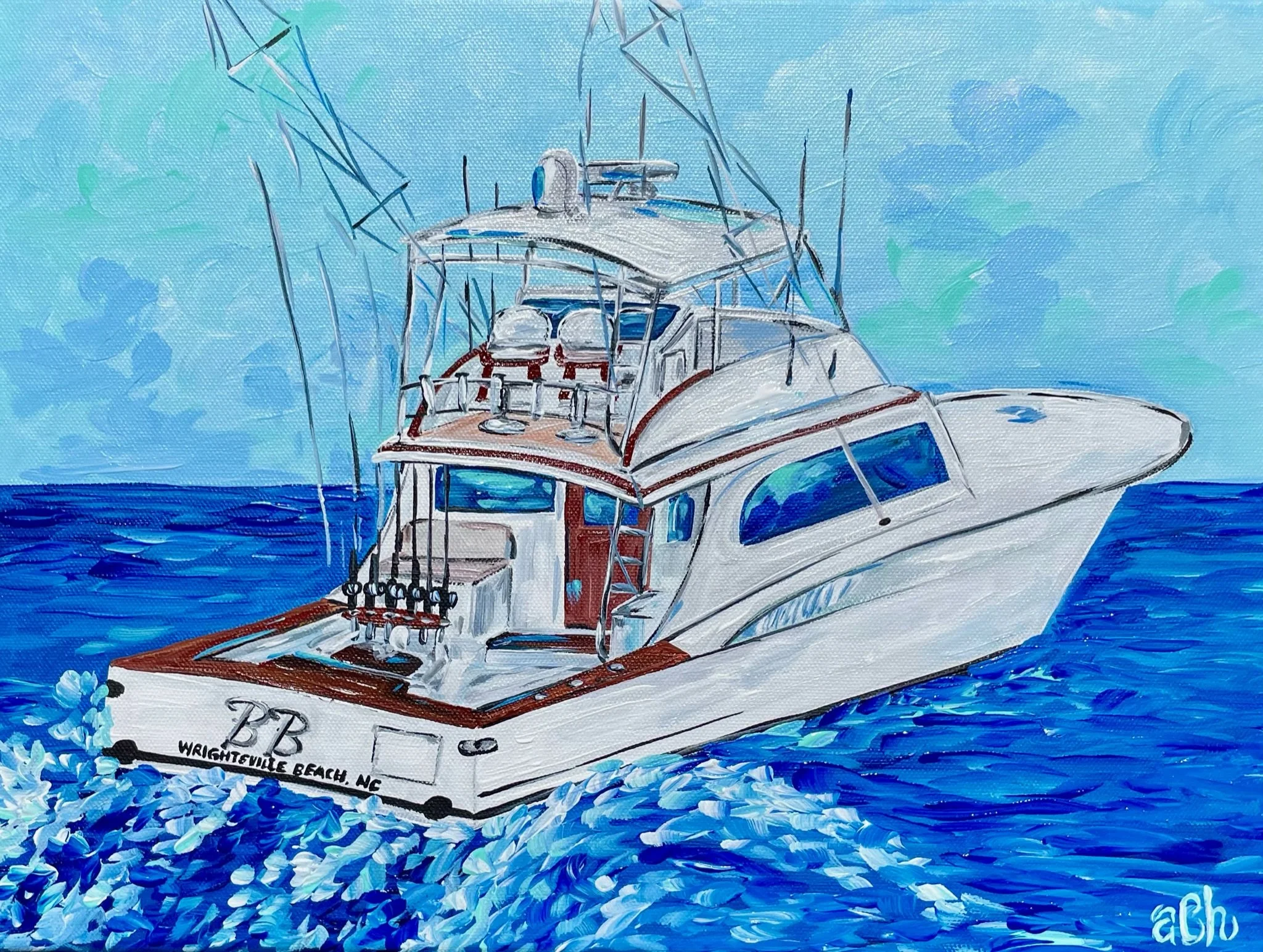 A detailed painting of a white yacht on blue ocean water with a light blue sky background. The yacht has multiple decks, furnishings, fishing rods, and marine equipment visible. The stern shows the text 'Wrightsville Beach, NC' and a logo with the le