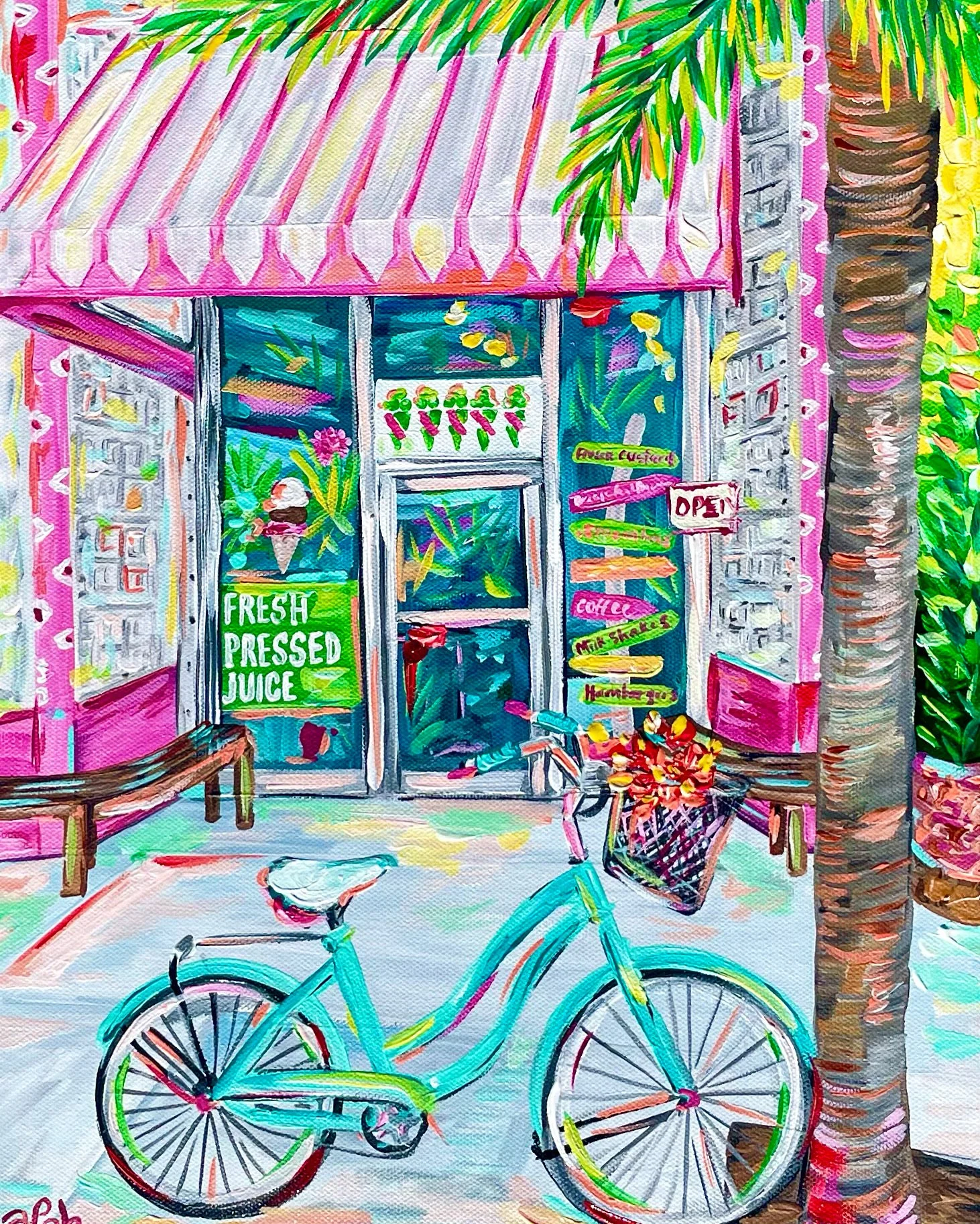 Colorful storefront with a pink and white striped awning, a bicycle with a basket of flowers parked in front, a painted palm tree, and signs advertising fresh pressed juice and various food items, with an open sign.