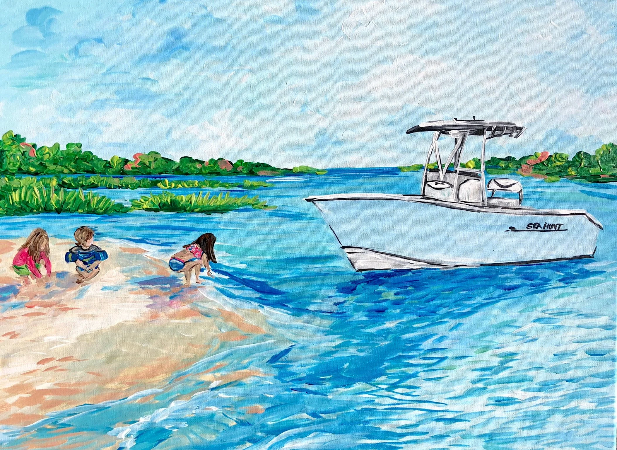 A colorful painting of a boat on a calm river with three children playing at the water's edge on a sunny day, surrounded by green bushes and trees.