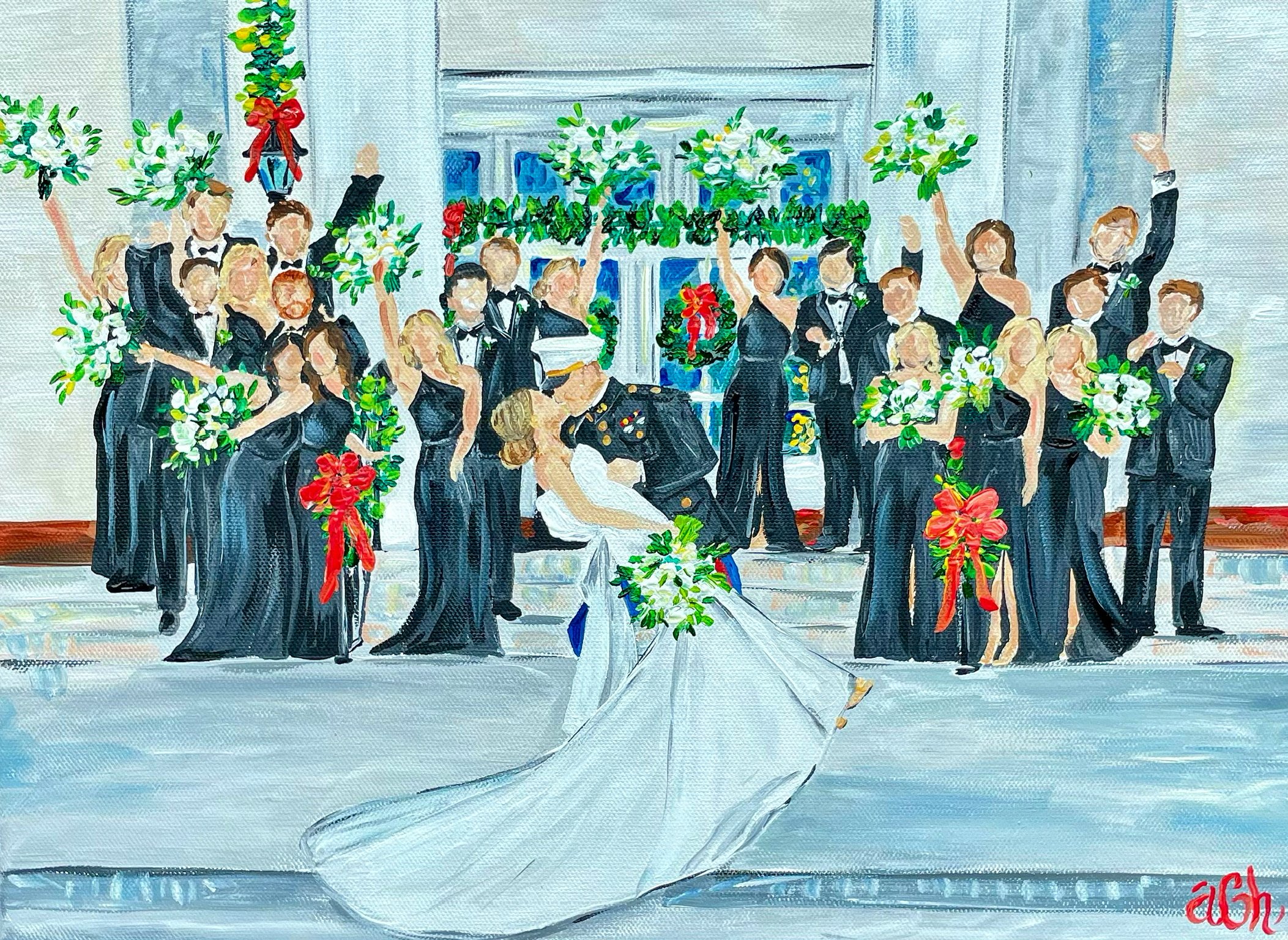Painting of a wedding scene with a bride and groom dancing in front of a large group of people, all in formal attire, inside a decorated venue with flowers and garlands.
