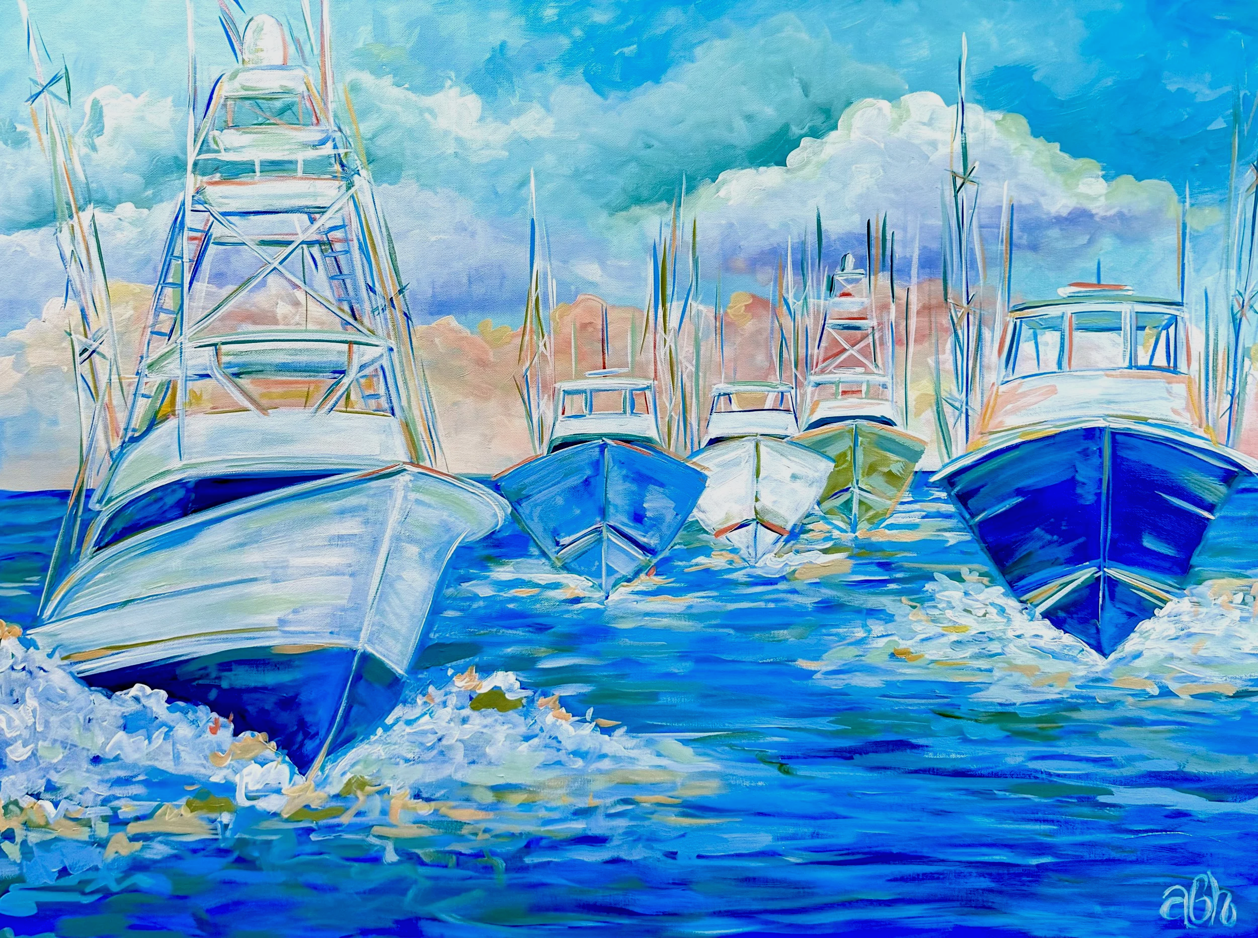 Painted image of multiple boats in water, with some boats tilted forward and their hulls visible, in front of a sky filled with clouds.