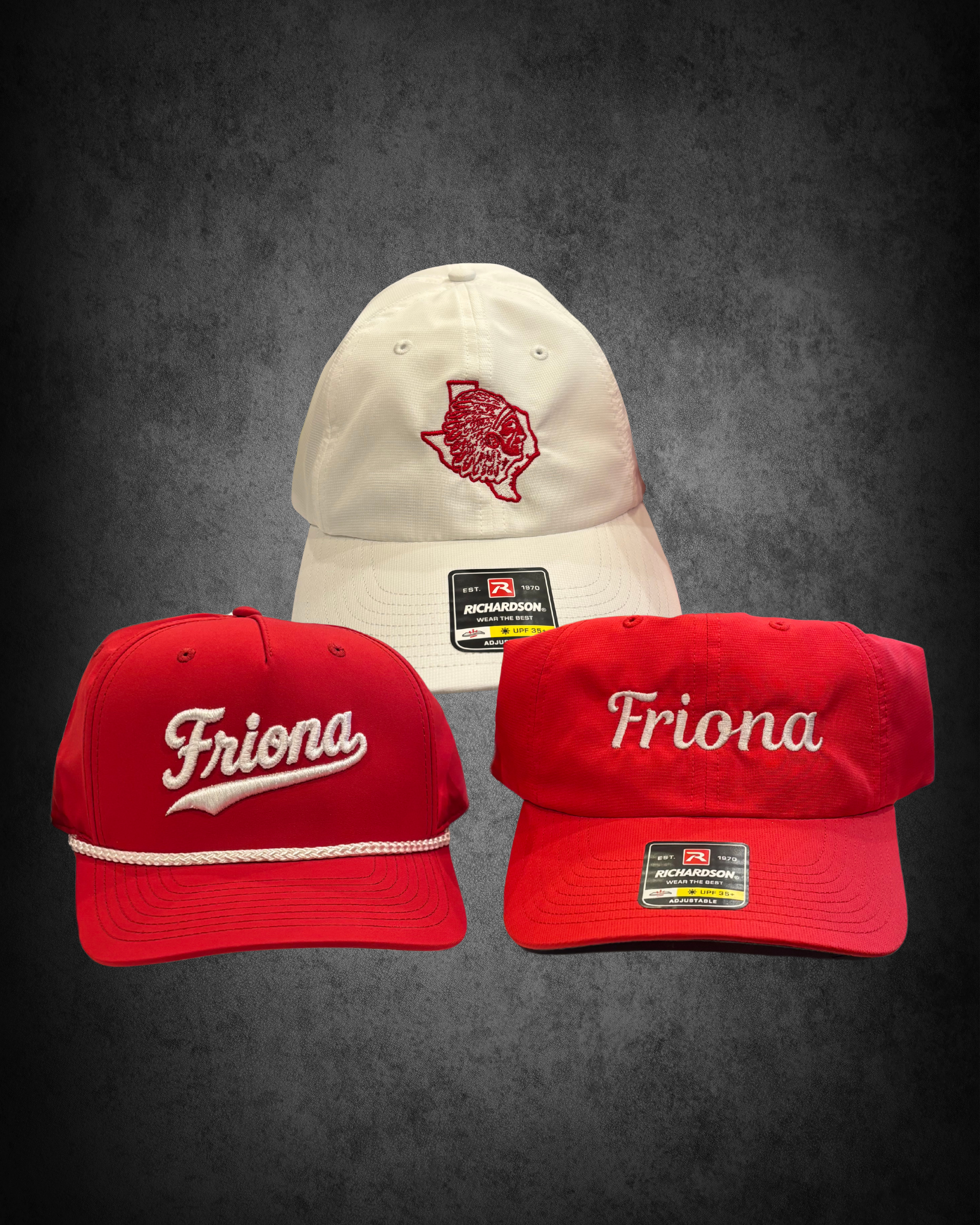 Display of three baseball caps on a dark surface, with two red caps with "Fronza" embroidered in white and a white cap with a red embroidered Native American chief logo, all with tags and price labels.