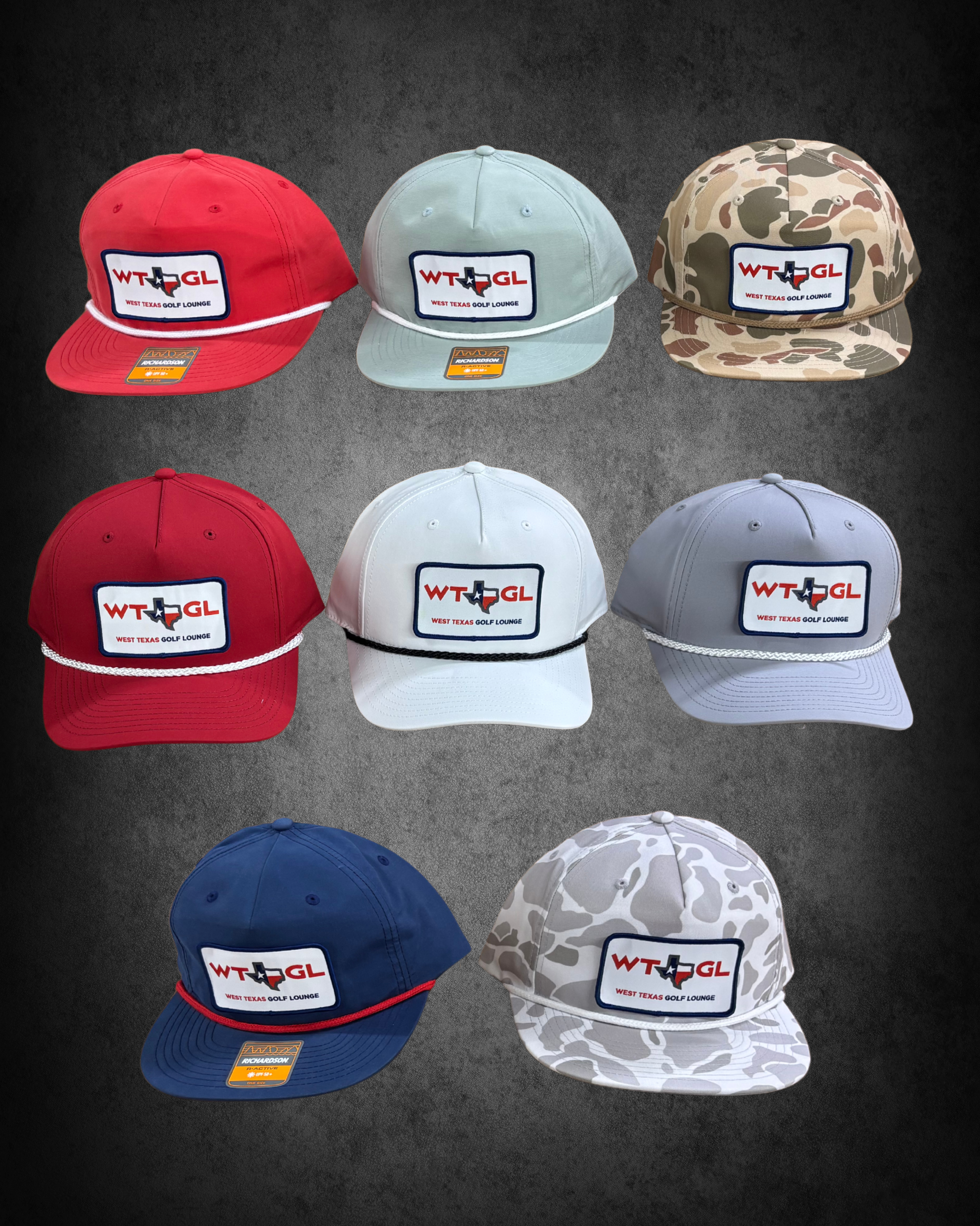 Six baseball caps arranged in two rows. The top row has a red cap, a light blue cap, and a beige camouflage cap, all with a West Texas Golf Lounge logo. The bottom row has a red cap, a white cap, and a blue cap, also with the same logo.