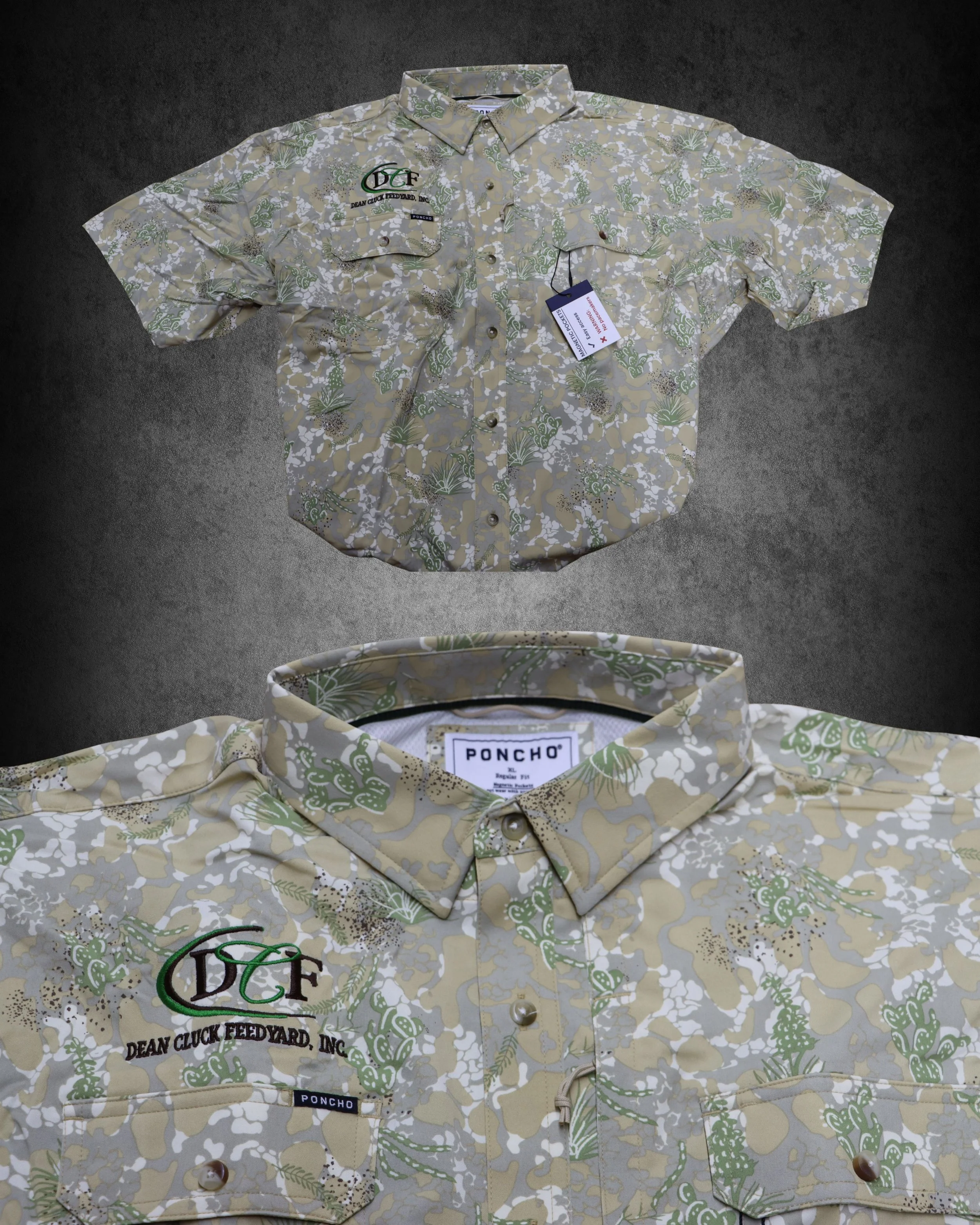 A button-up shirt with a beige, white, and green floral and leaf pattern, featuring patches with text that include "DC" and "PONCHO," displayed on a flat surface.