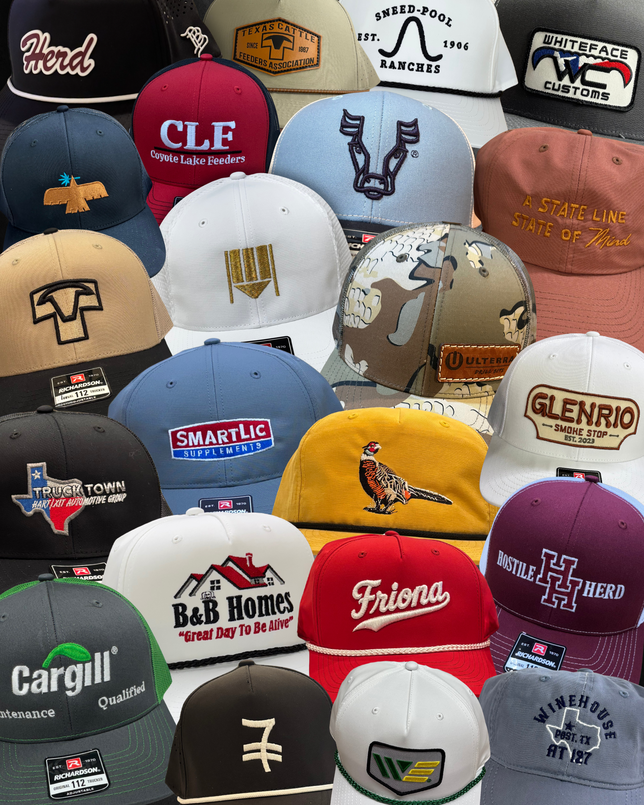 A display of various baseball caps with different logos and designs, arranged on a surface.