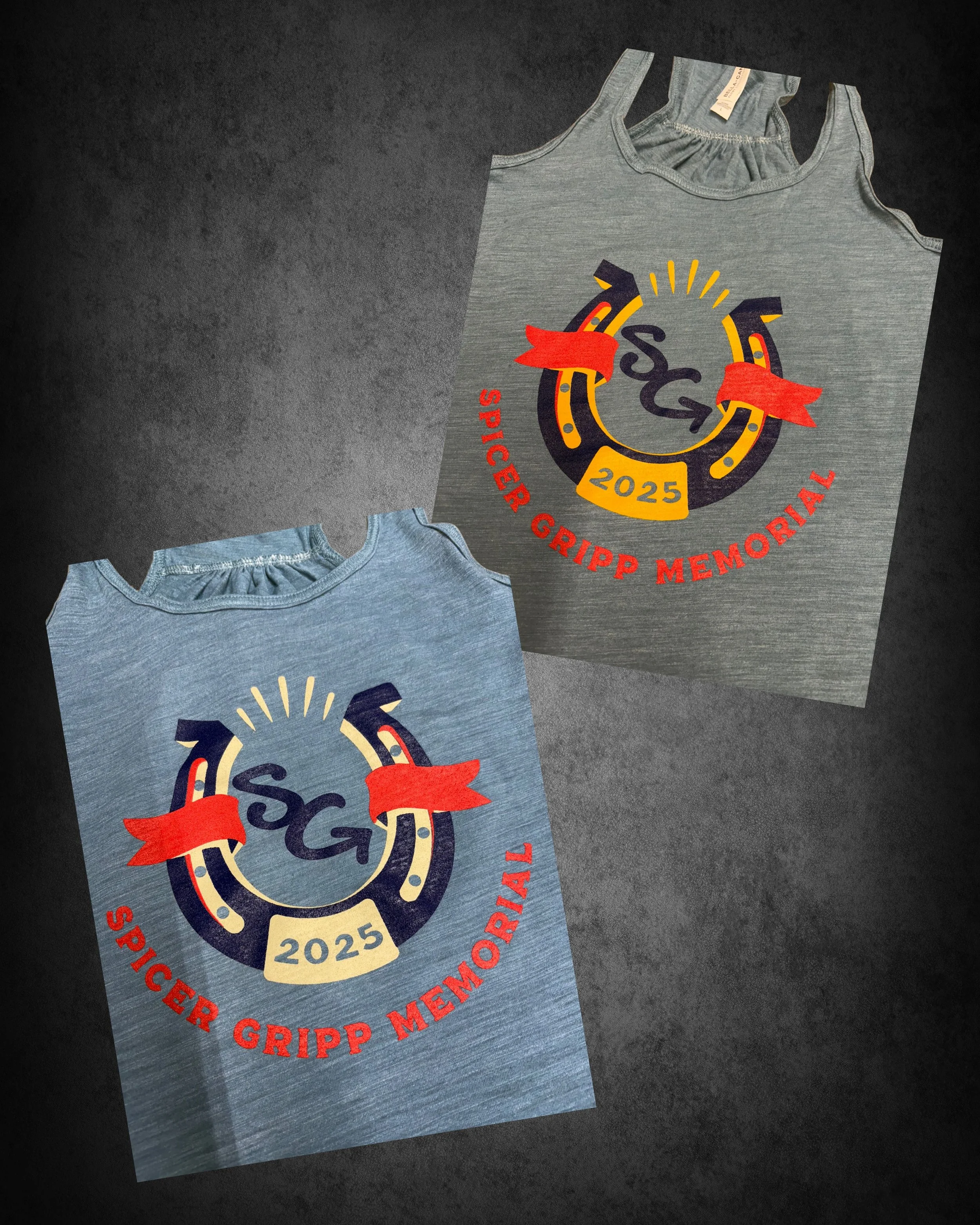 Gray sleeveless shirt with a logo featuring a horseshoe, a red ribbon, the year 2025, and the words 'Spicer Gripp Memorial' in red.