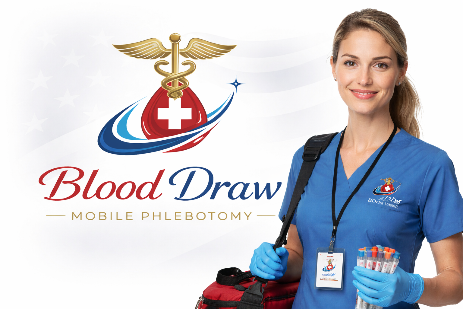 Smiling female nurse in blue scrubs holding test tubes with blood samples, with a hospital badge, against a background featuring a medical emblem and the text 'Blood Draw Mobile Phlebotomy'.