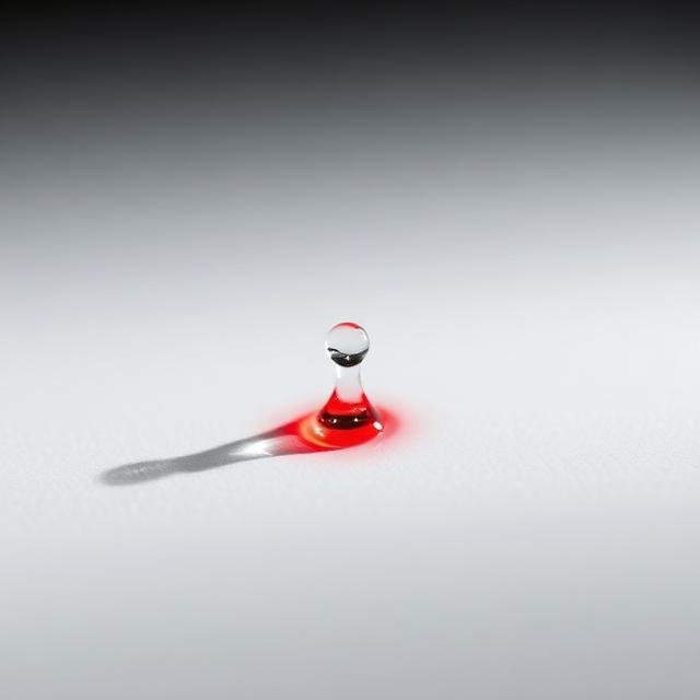 Close-up of a clear water droplet with a red tint on a white surface, casting a shadow.