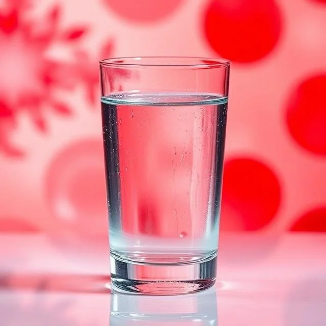 A clear glass of water on a pink surface with a pink background featuring red and white circular shapes.