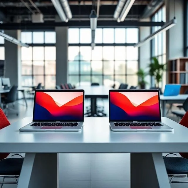 Two laptops open on a white conference table in a modern office with large windows and natural light.
