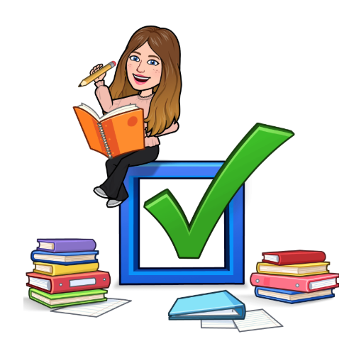 Cartoon woman sitting on a checked box holding a pencil and a notebook, with stacks of books around her and a large check mark inside a square.