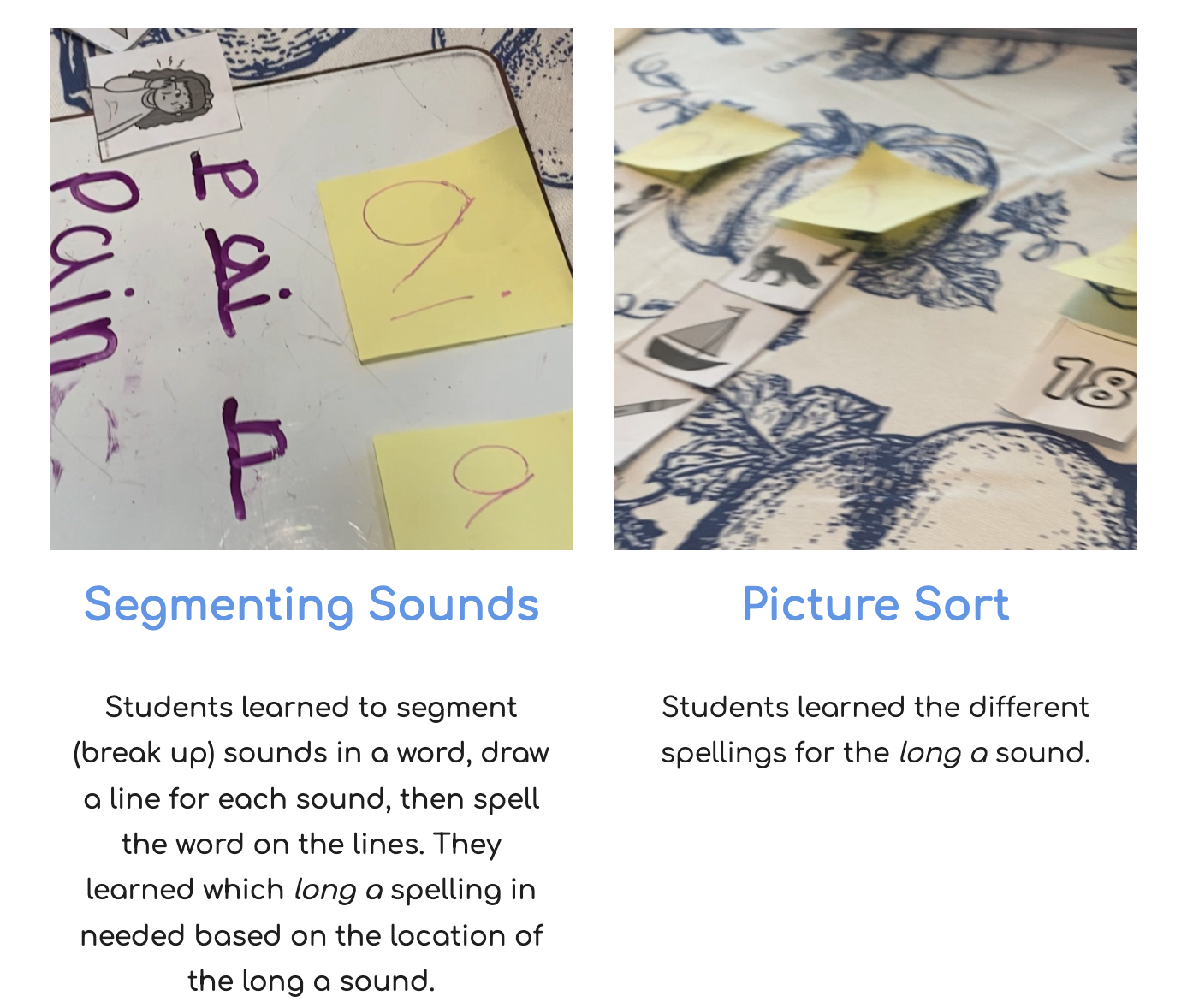 Educational activity sheet with two sections titled 'Segmenting Sounds' and 'Picture Sort'. The 'Segmenting Sounds' section includes handwritten words with lines under each sound, and the 'Picture Sort' section shows pictures and words on sticky notes related to long a sounds.