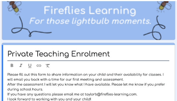 A digital flyer for Fireflies Learning titled 'For those lightbulb moments.' It includes a form for private teaching enrollment, with a brief description and email contact for questions.