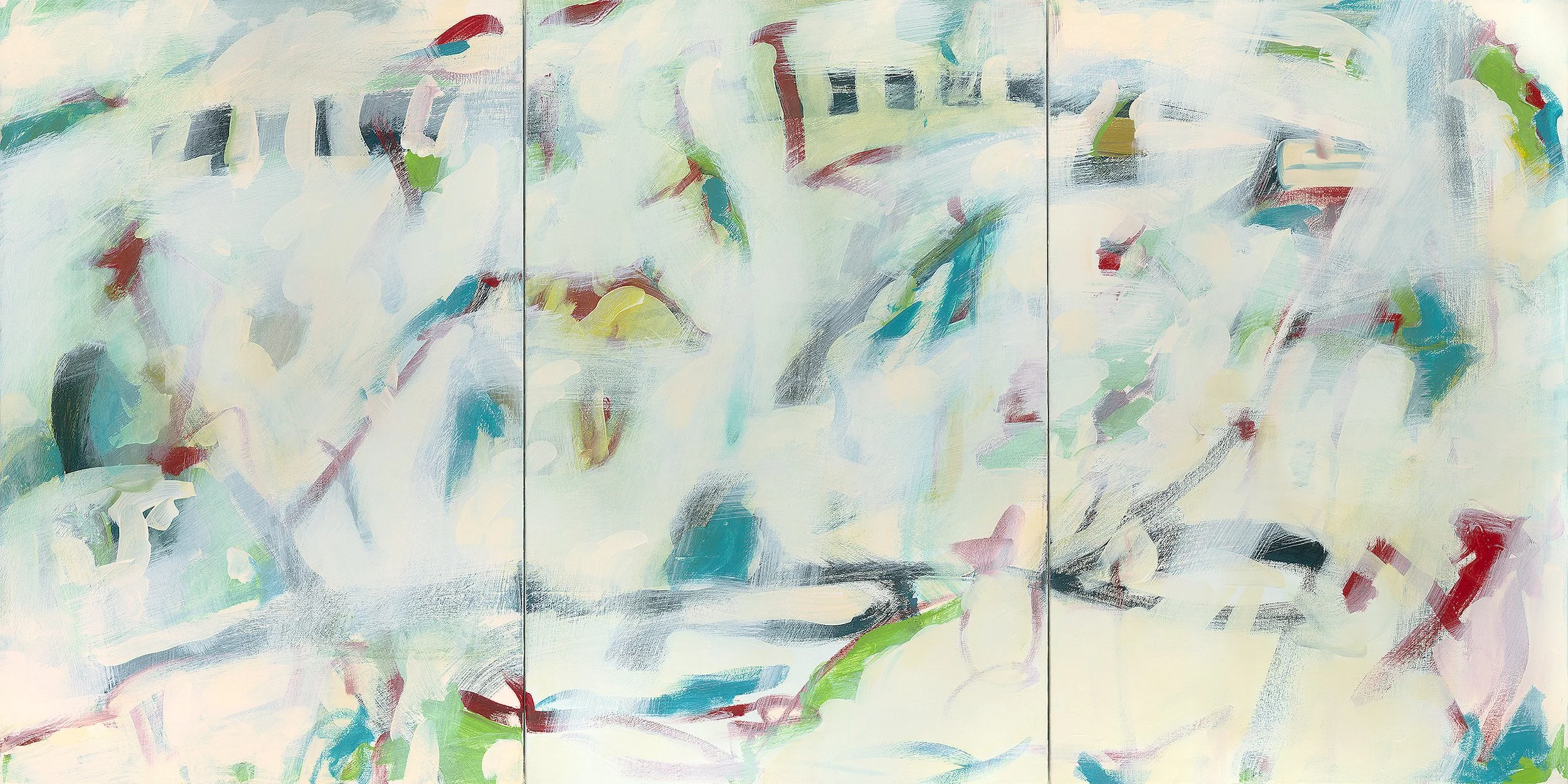 Abstract triptych painting with pastel colors, splashes of red, blue, green, and hints of black and white, featuring flowing, brushstroke textures.
