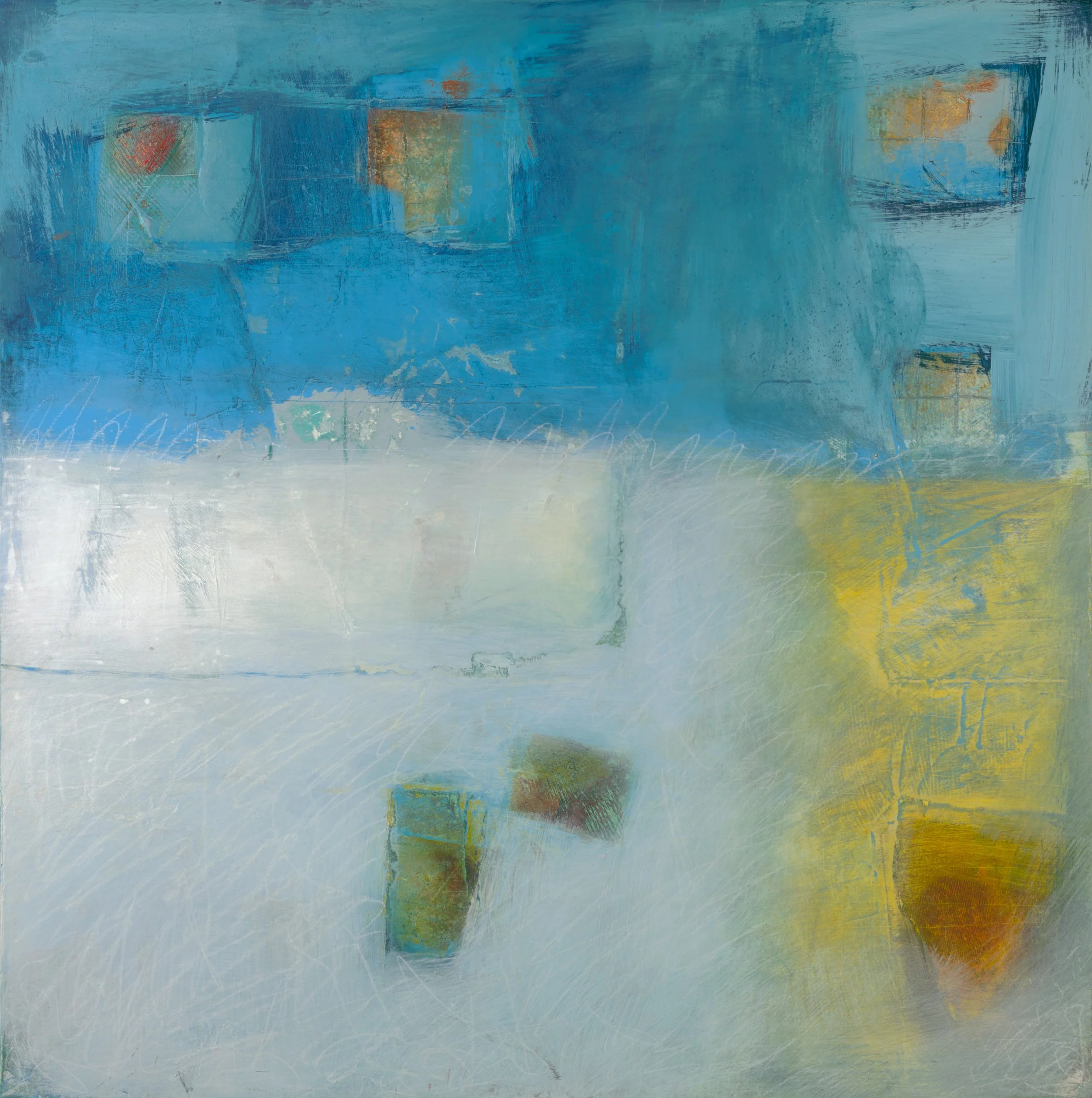 Abstract painting with a blue, yellow, and white color palette, featuring rectangular shapes and textured brushstrokes.