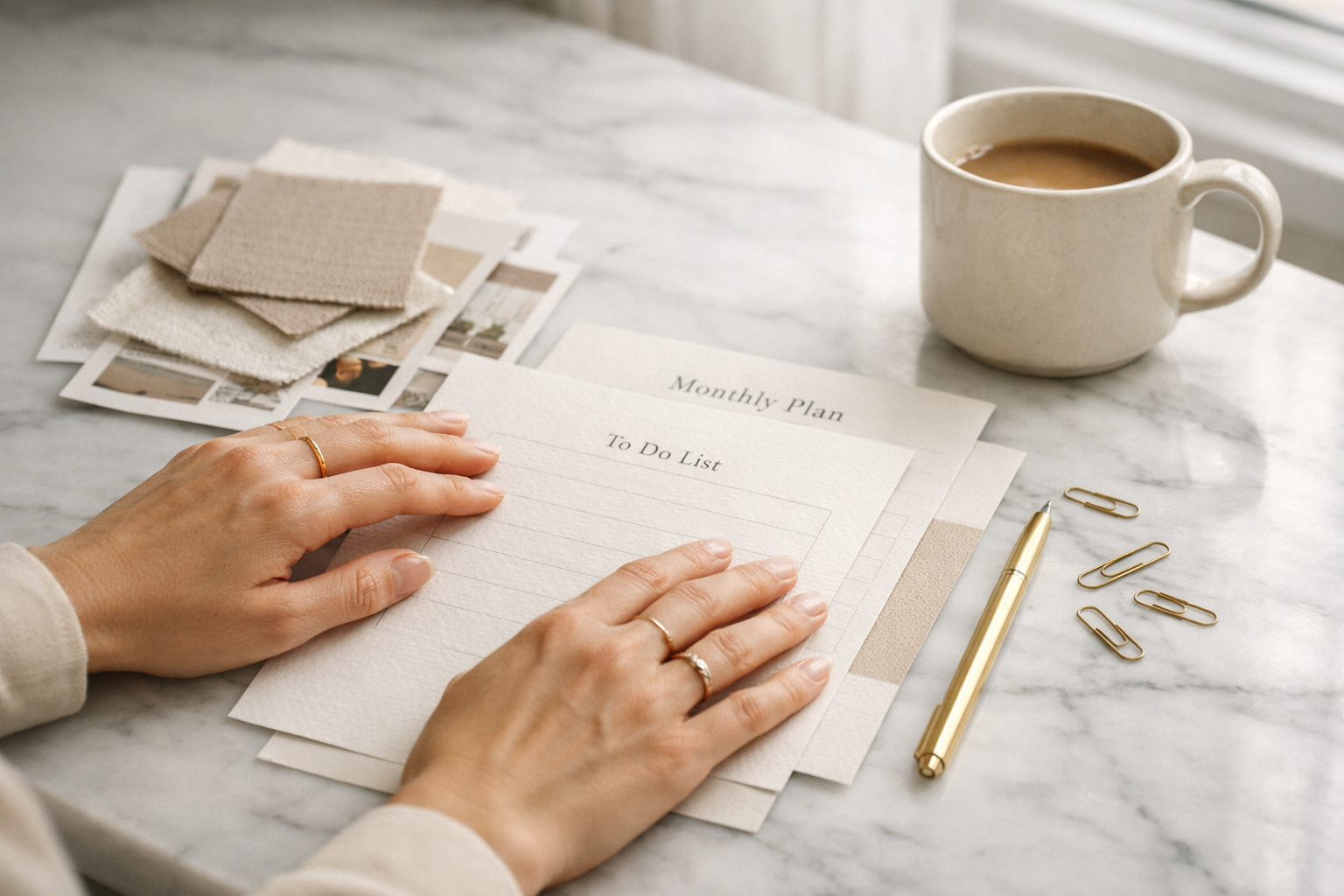 Person organizing planner and to-do list on a marble table, with fabric swatches, a cup of coffee, gold pen, and paper clips nearby.