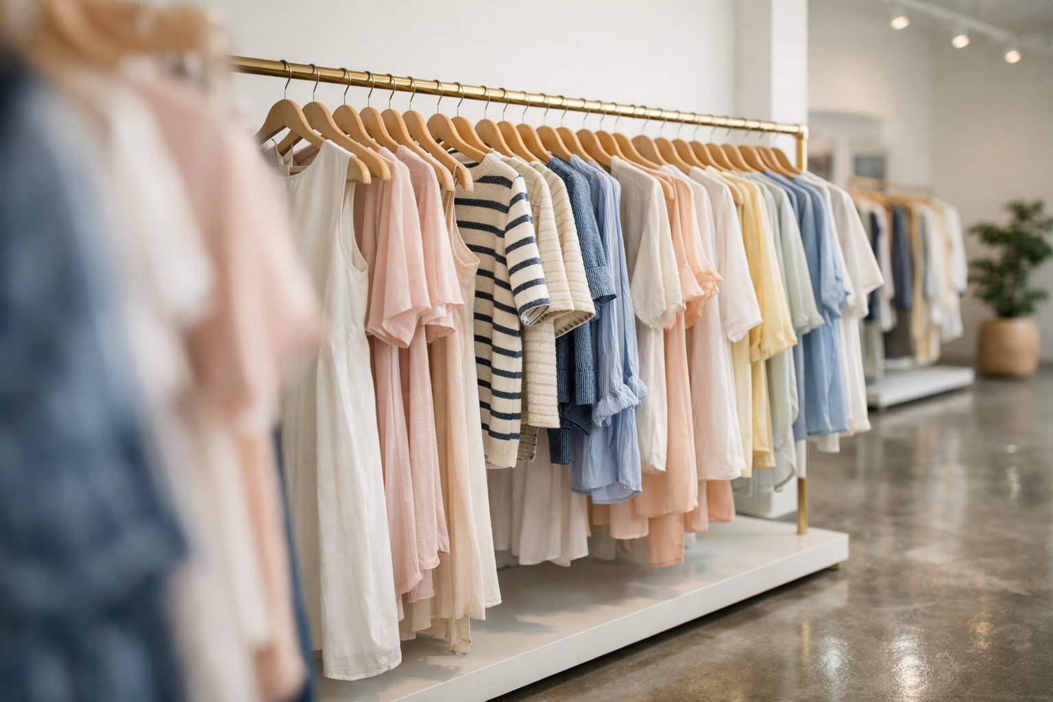 Clothing store with pastel-colored shirts and blouses on a gold clothing rack in a bright, modern space.