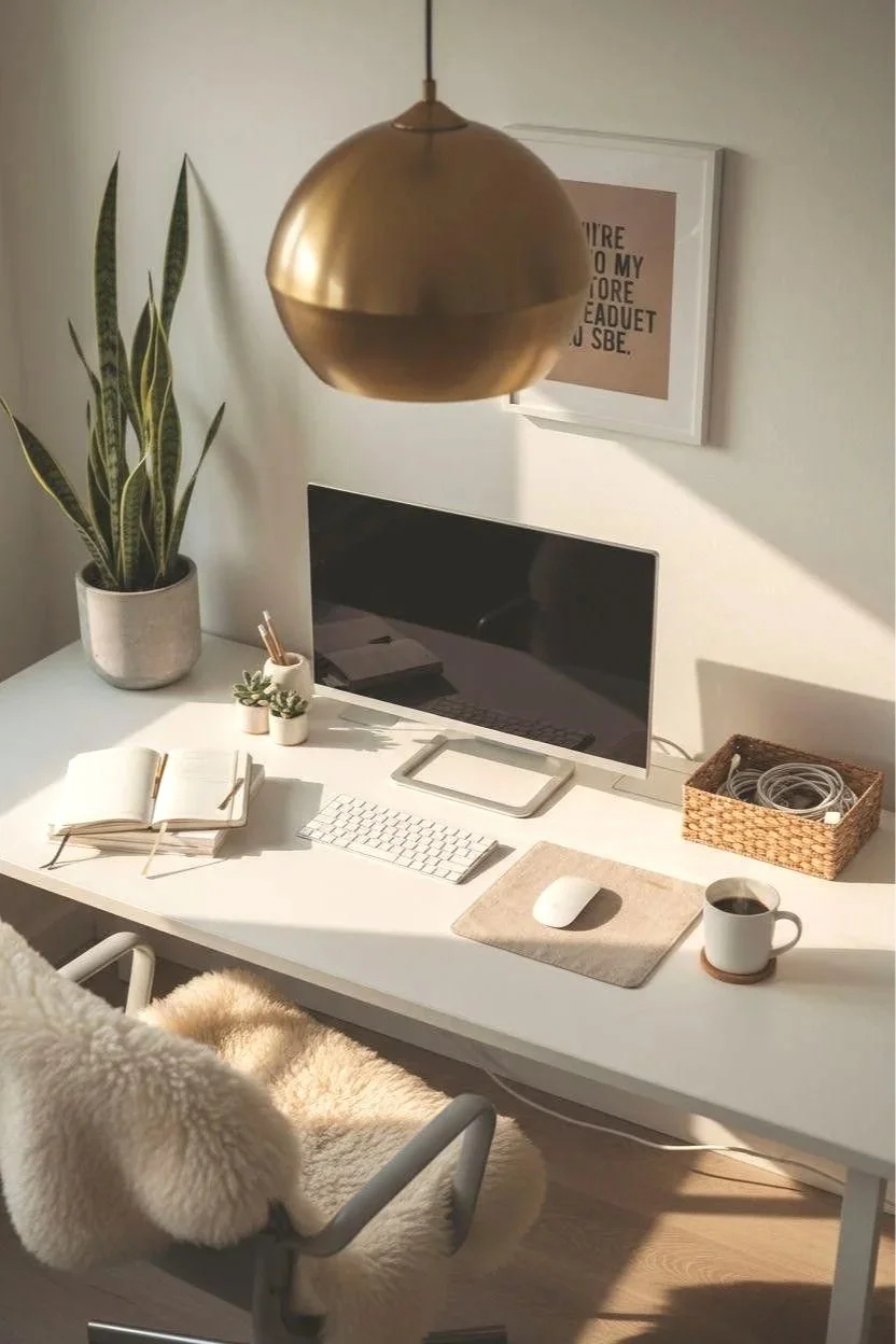Desk setup with a large computer monitor, white keyboard, mouse on a beige mouse pad, open notebook with a pen, two small potted succulents, a large potted snake plant, a woven basket with cables, a cup of coffee, and a gold pendant light hanging above. There's a framed quote on the wall and sunlight casting shadows.