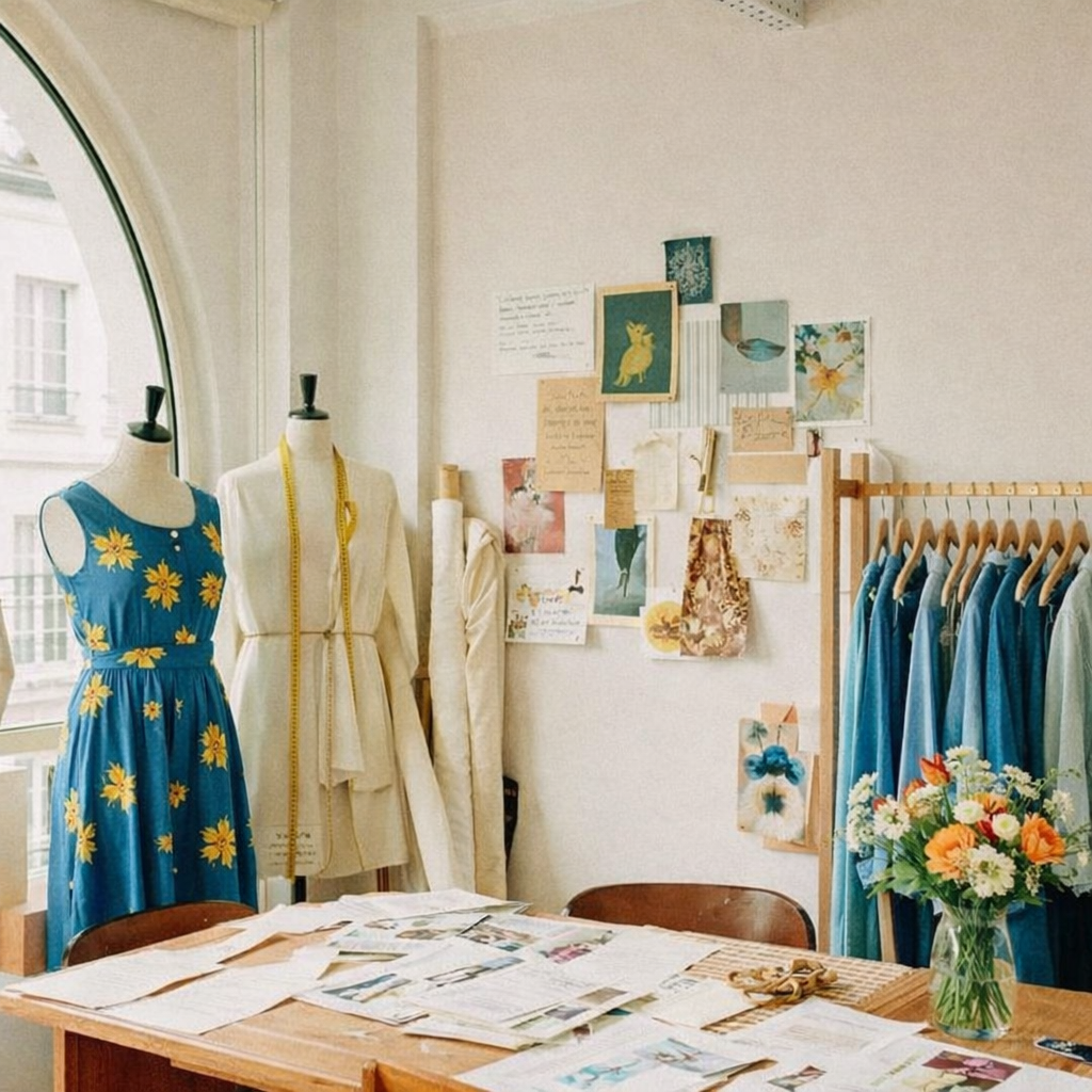 A sewing and fashion design workspace with mannequins, fabric, sketches, and a floral arrangement.