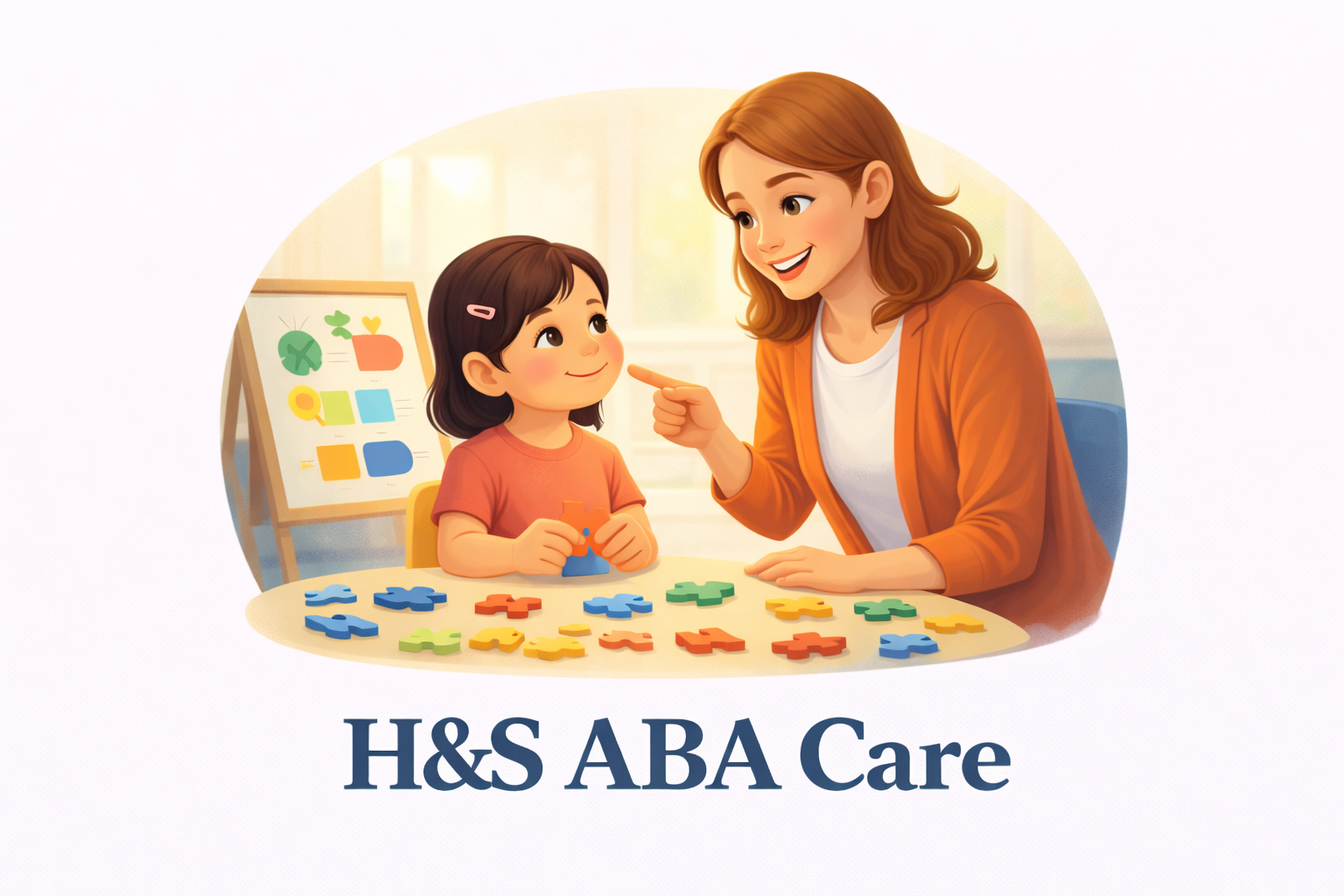 A young girl and woman playing with colorful puzzle pieces at a table, with a poster of shapes behind them, representing H&S ABA Care.