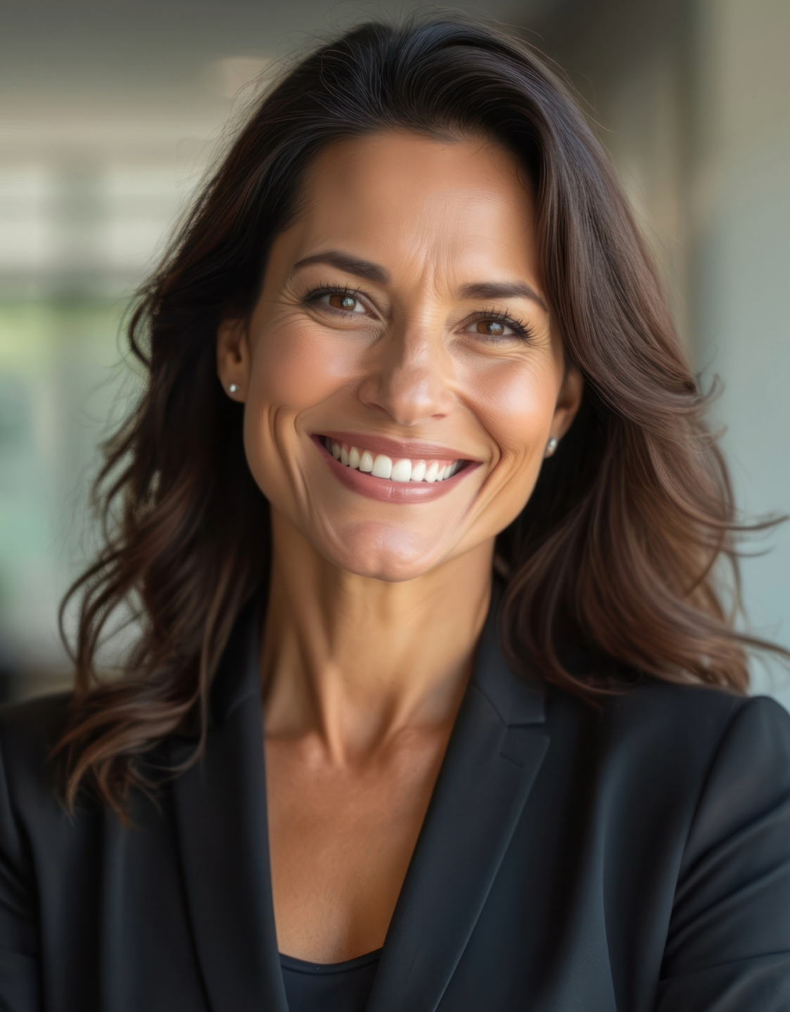 A woman smiling, wearing a black blazer and pearl earrings.
