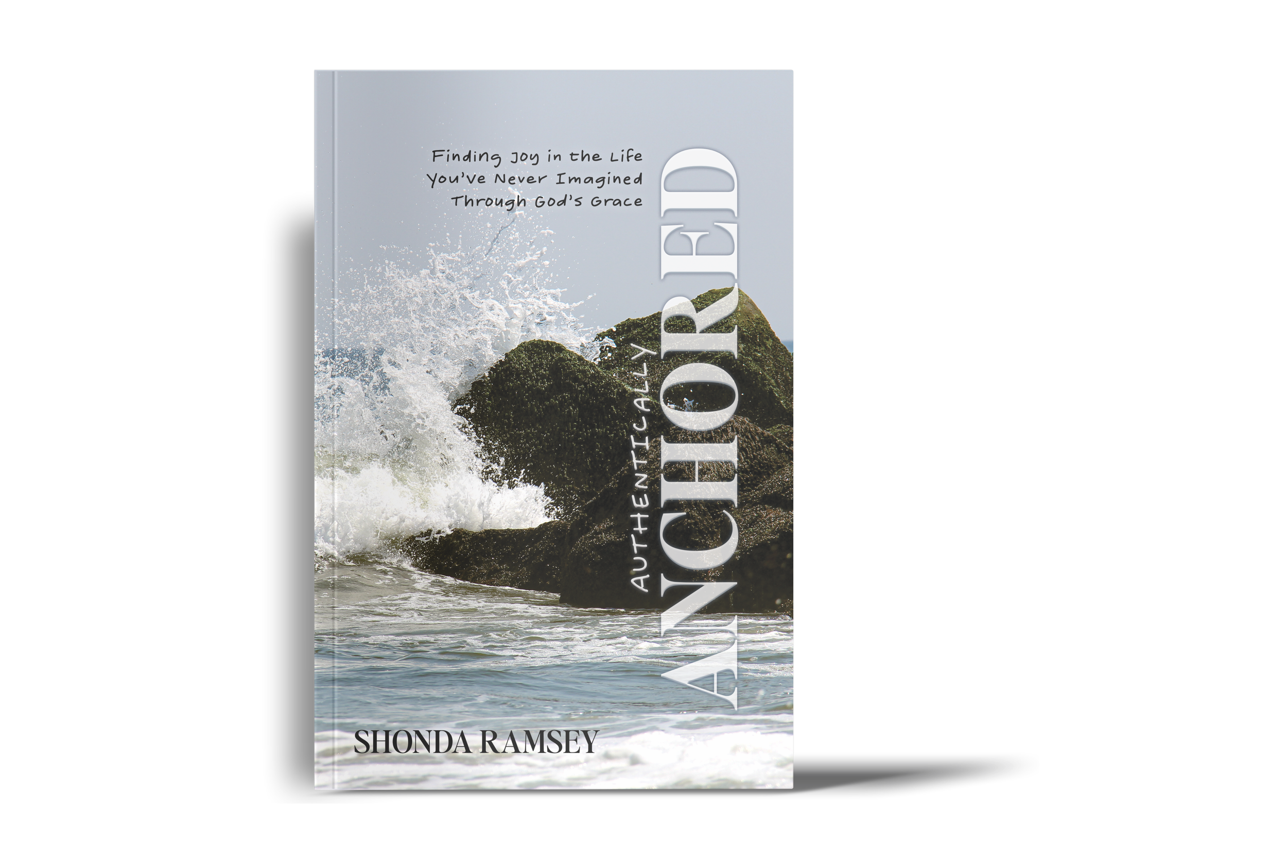 Book cover titled "Ancient Oriented: Authentically" by Shonda Ramsey, featuring a photo of waves crashing against rocks on a shoreline with a light blue sky and text overlay.